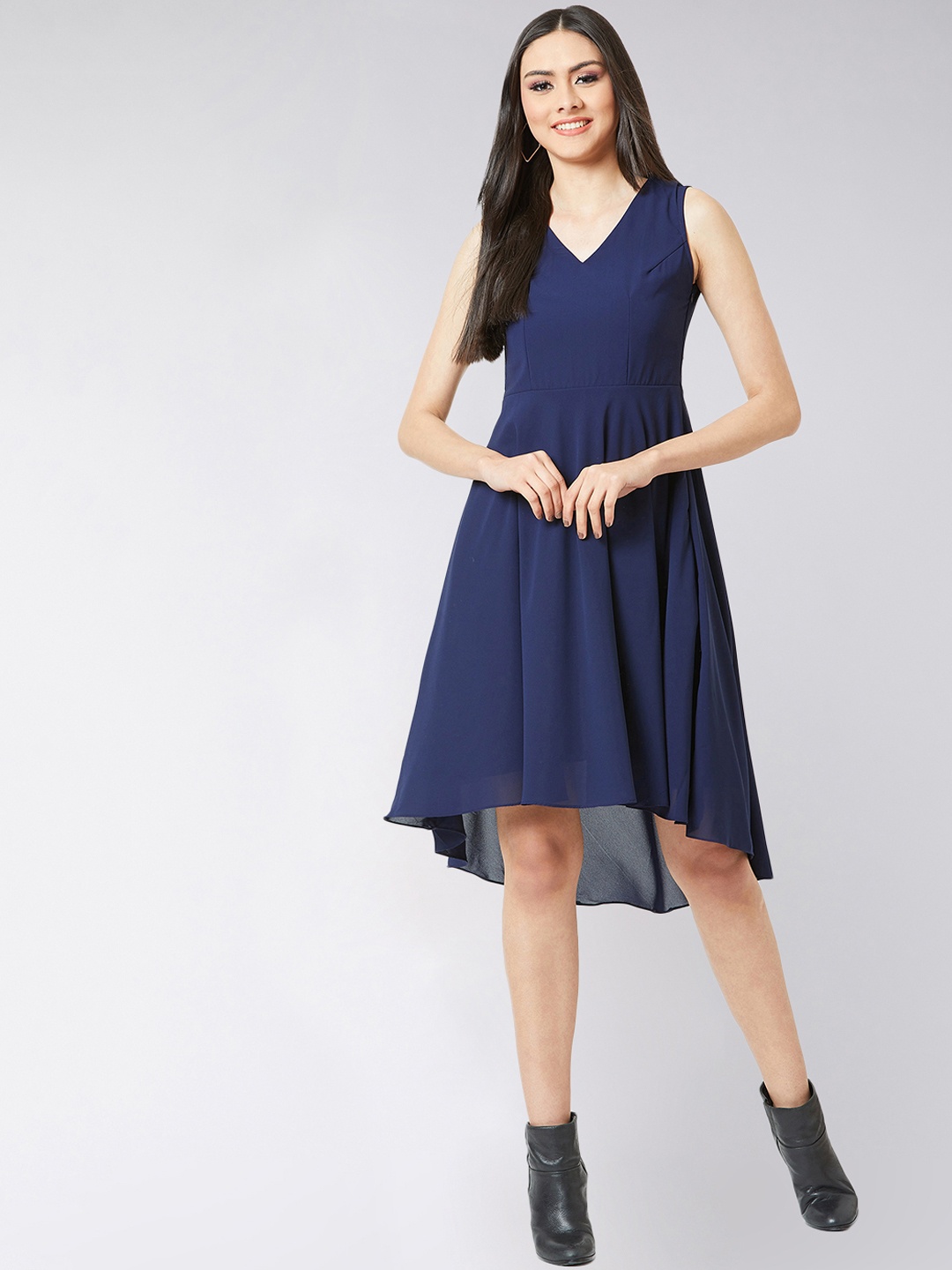

Miss Chase Women Navy Blue Solid Fit and Flare Dress