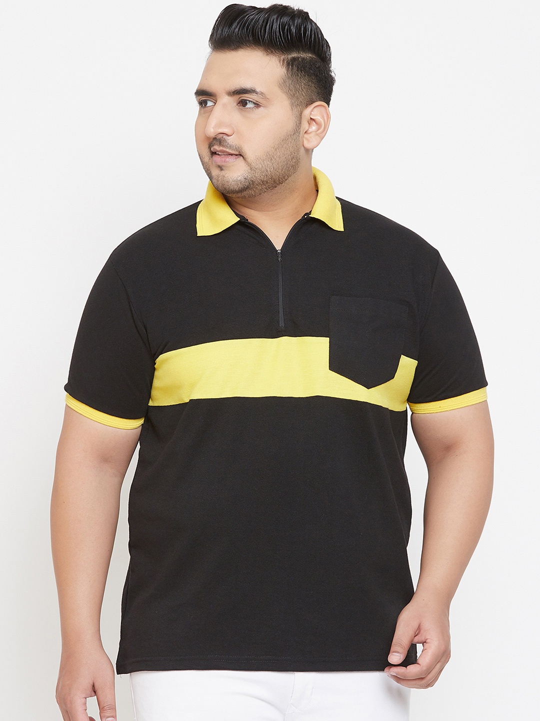 

bigbanana Plus Size Men Black Yellow Striped Polo Collar T-shirt