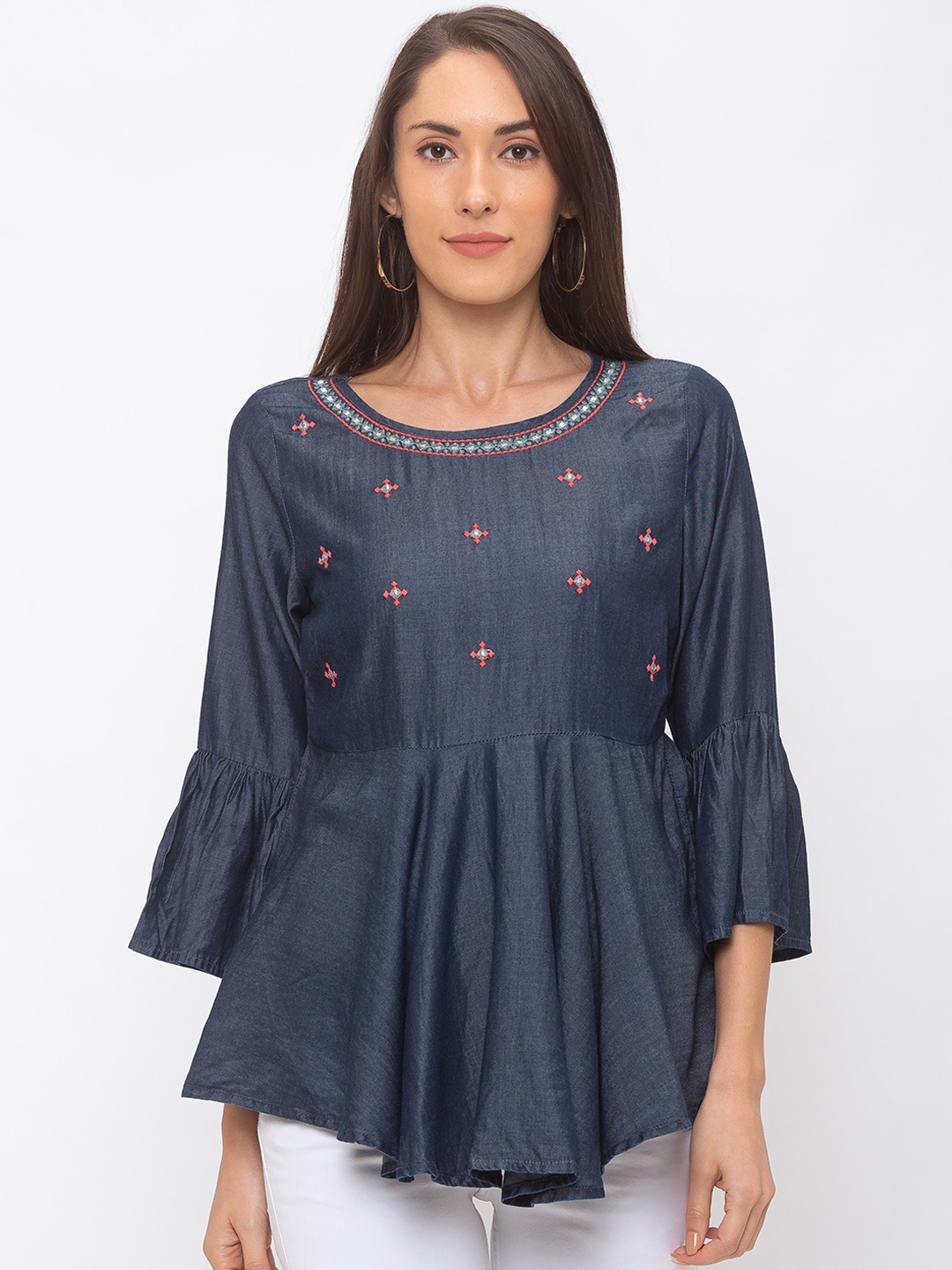 

Globus Women Navy Blue Embroidered Pure Cotton Top