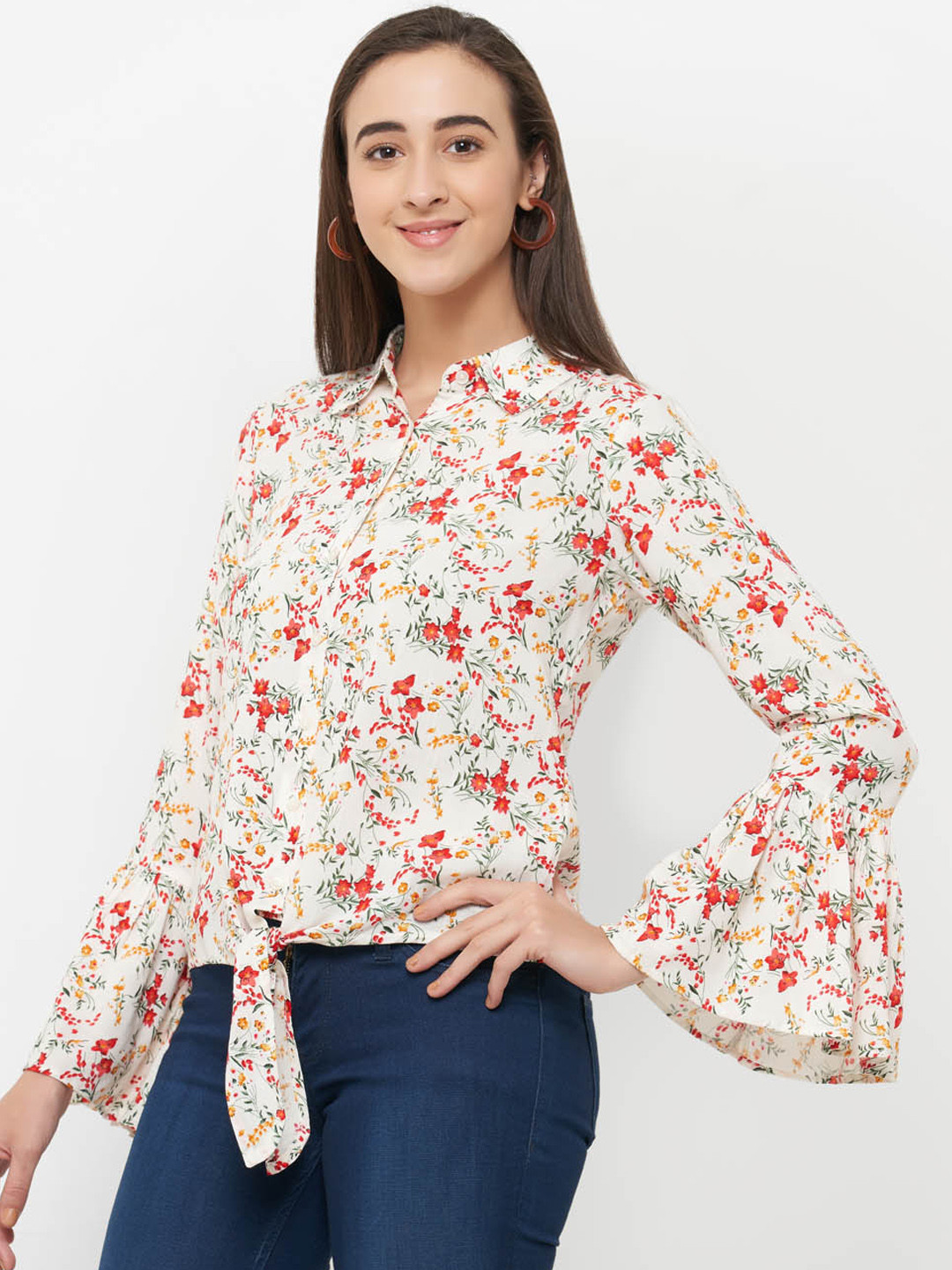 

109F Women Beige & Red Printed Shirt Style Top