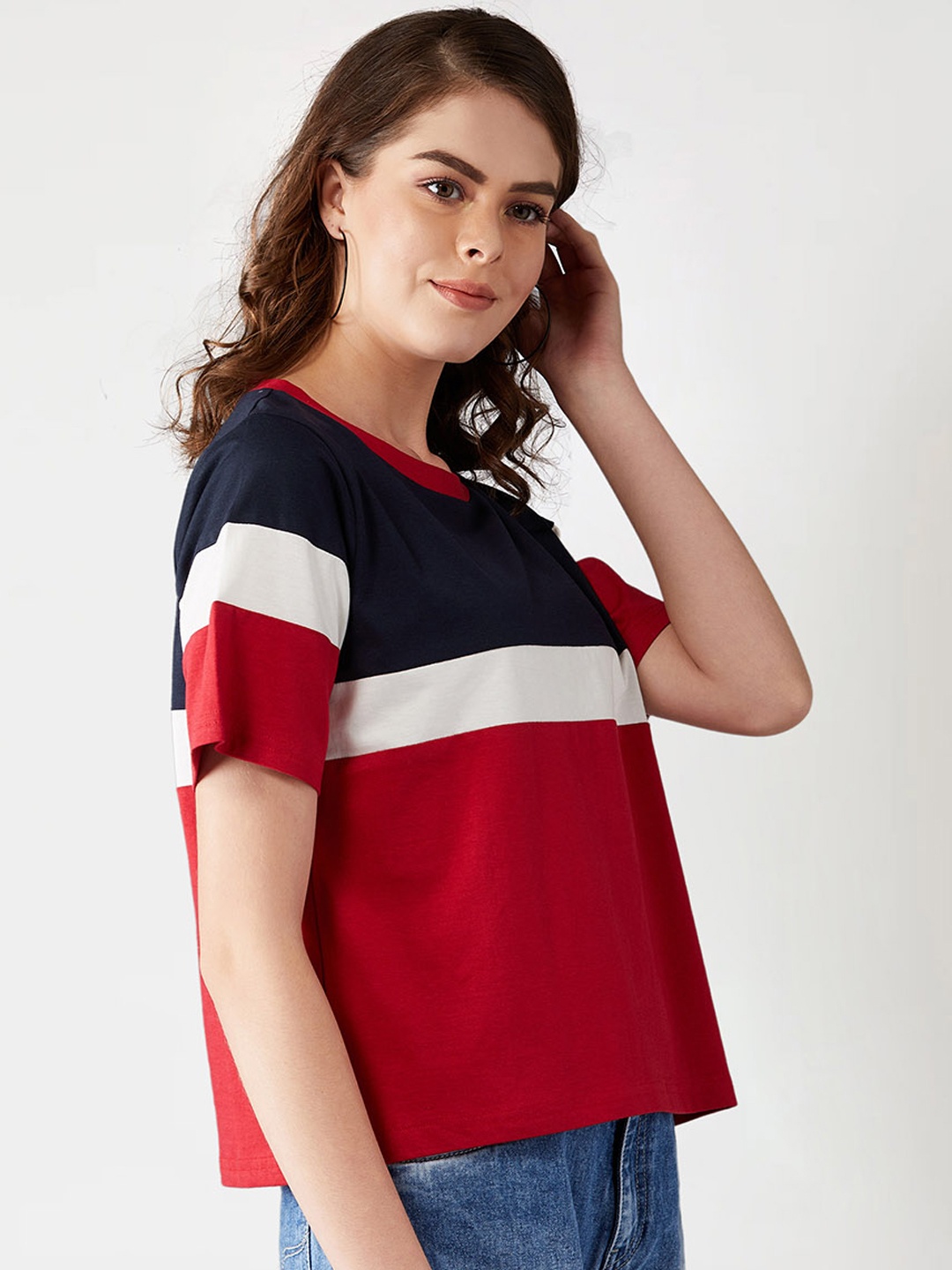 Miss Chase Women Navy Blue Red Colourblocked Round Neck Pure Cotton T-shirt