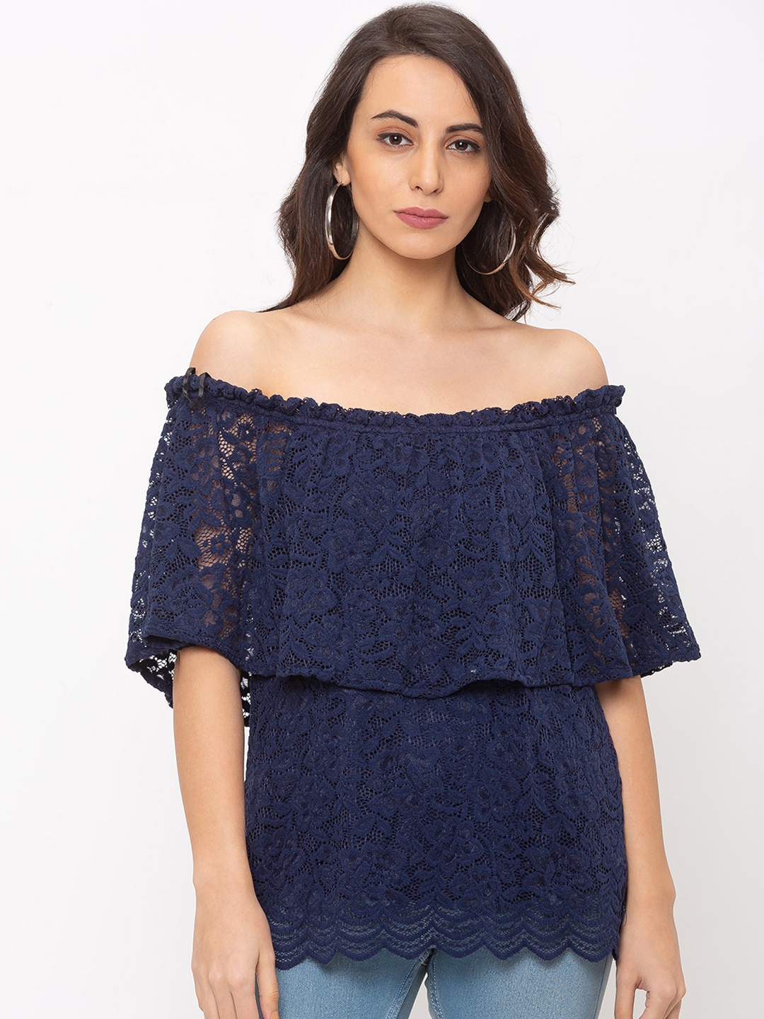 

Globus Women Navy Blue Self Design Bardot Top