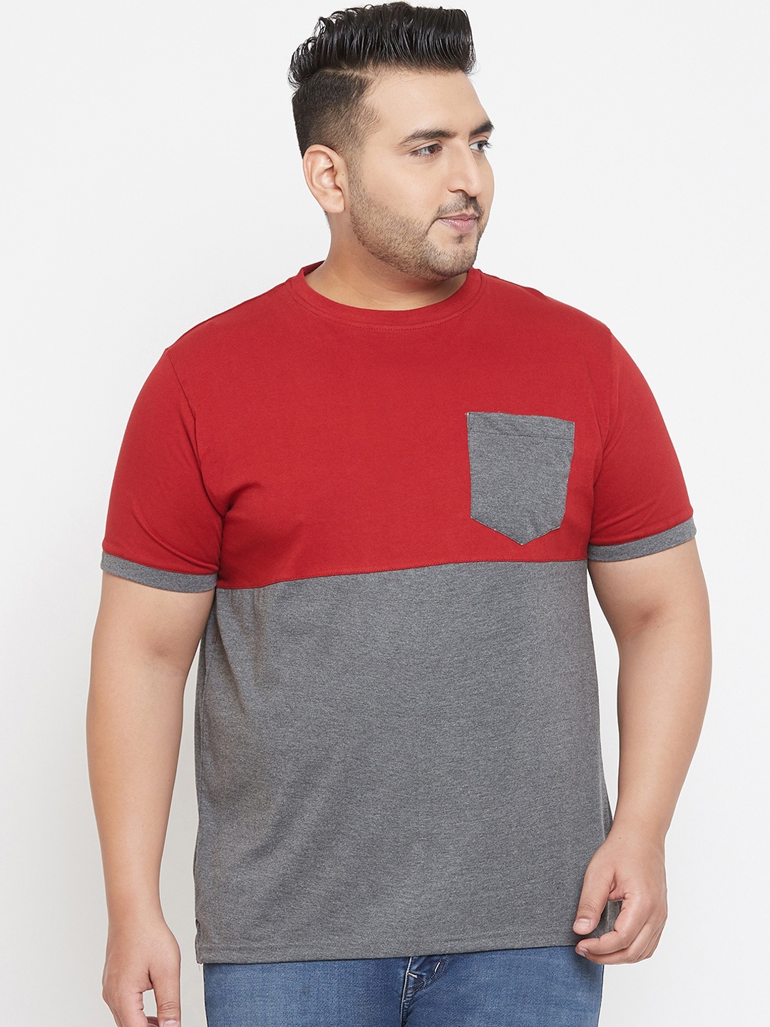 

bigbanana Plus Size Men Grey Red Colourblocked Round Neck Pure Cotton T-shirt