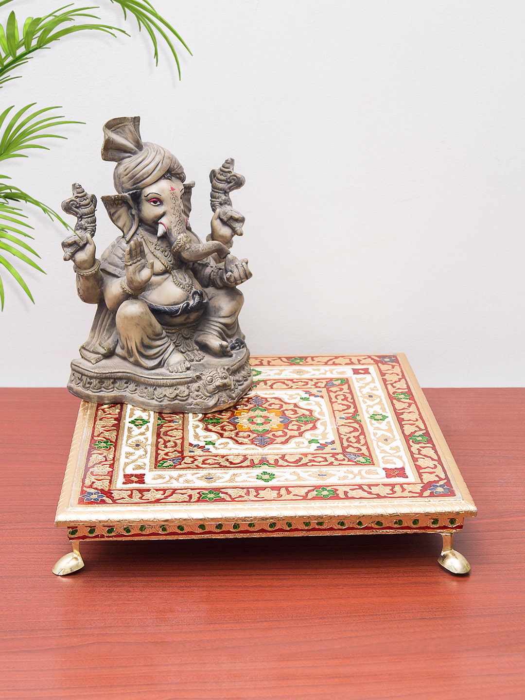 

Golden Peacock Gold-Toned & Red Handcrafted Minakari Design Wooden Chowki