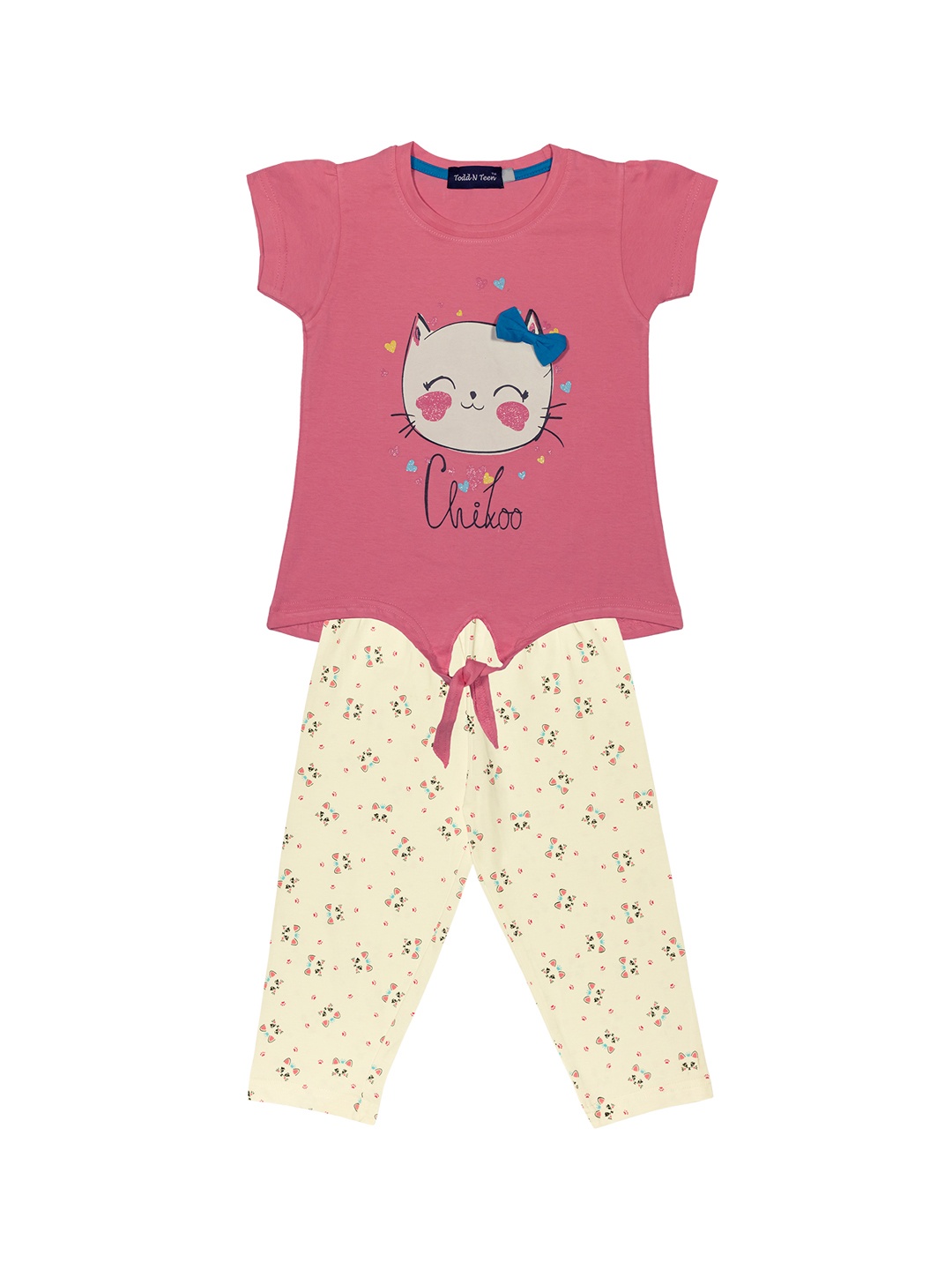 

Todd N Teen Girls Pink & Cream-Coloured Printed T-shirt with Capris