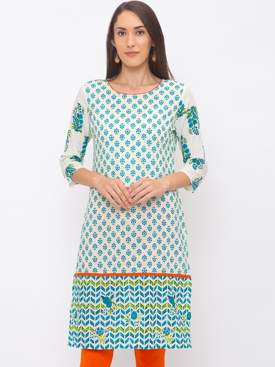Globus Women Blue & Off-White Printed A-Line Kurta