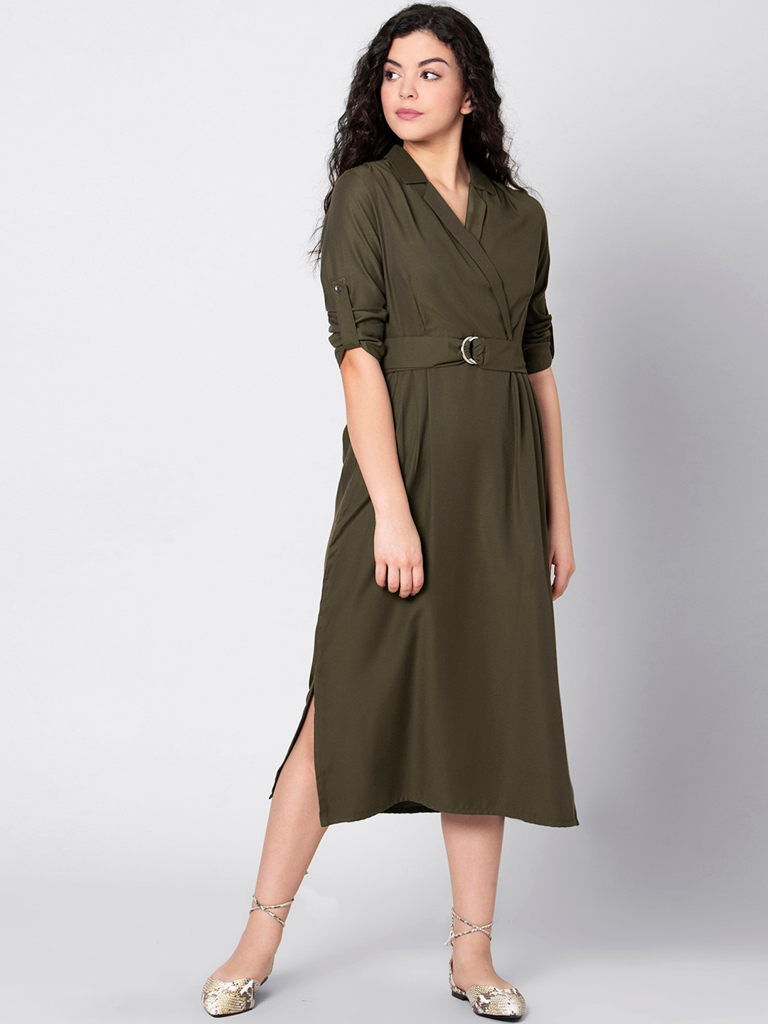 

FabAlley Women Olive Green Solid Fit and Flare Dress