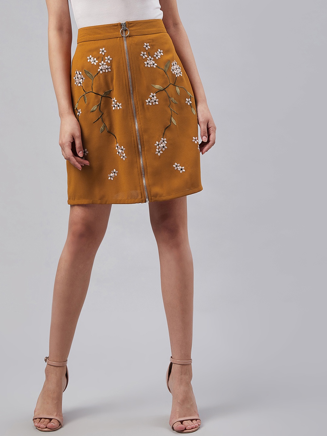 

Marie Claire Women Mustard Brown & White Floral Embroidered A-Line Mini Skirt