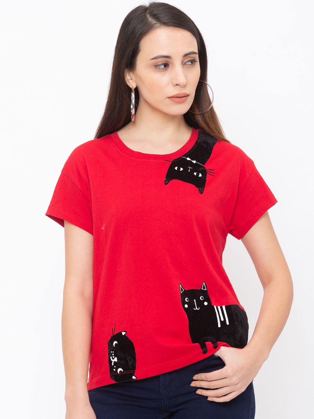 

Globus Women Red & Black Self Design Round Neck T-shirt