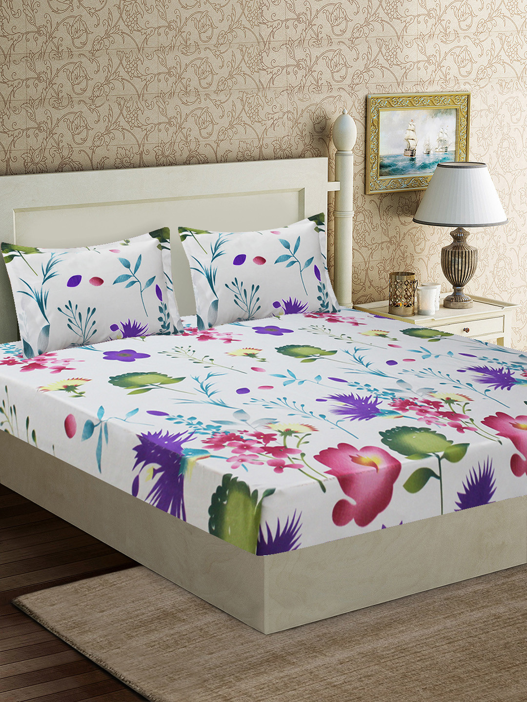 

Good Homes by Home Candy White & Blue Floral 152 TC Polyester 1 Queen Bedsheet with 2 Pillow Covers