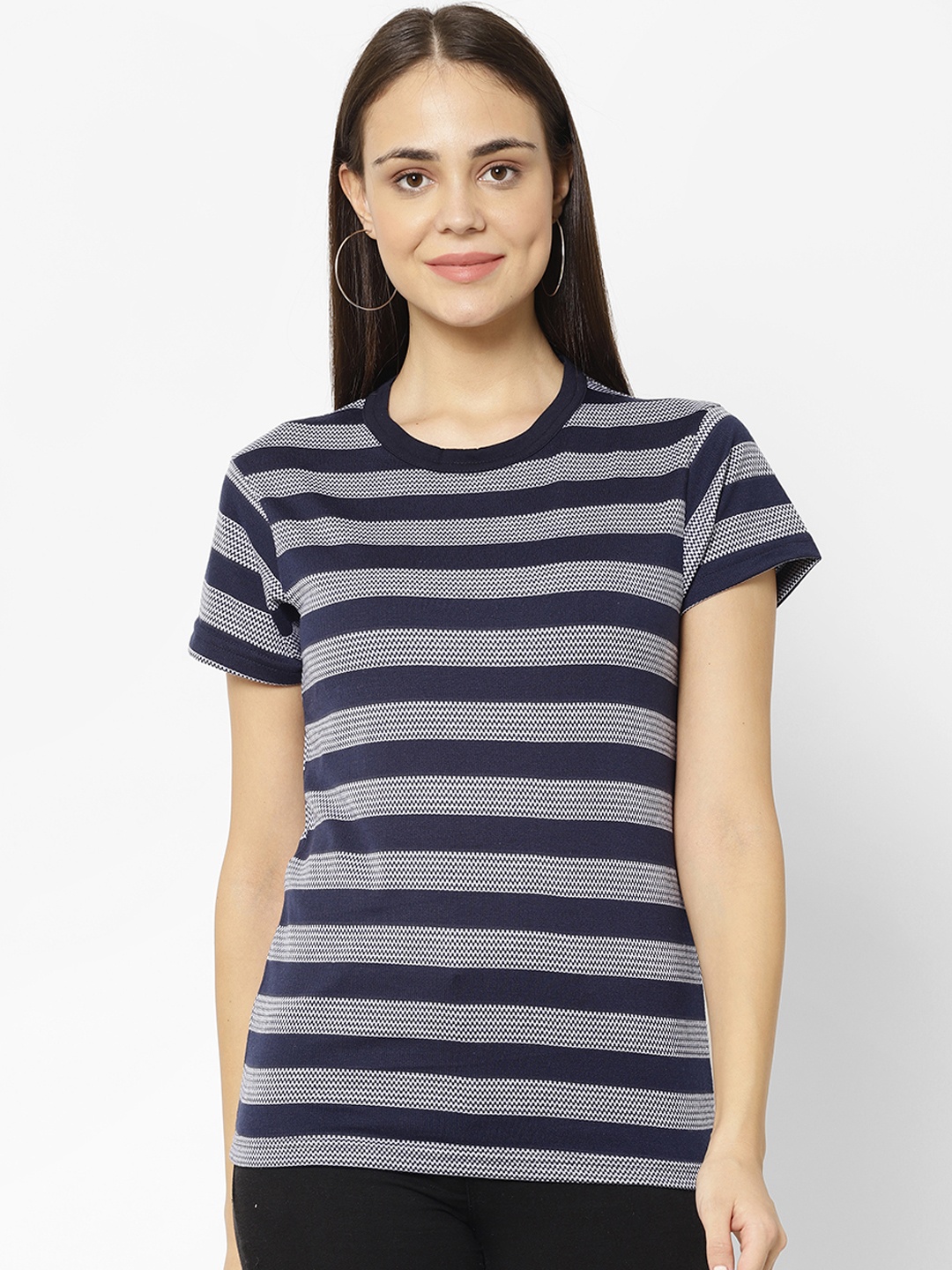 

MACK JONNEY Women Navy Blue & White Striped Round Neck T-shirt