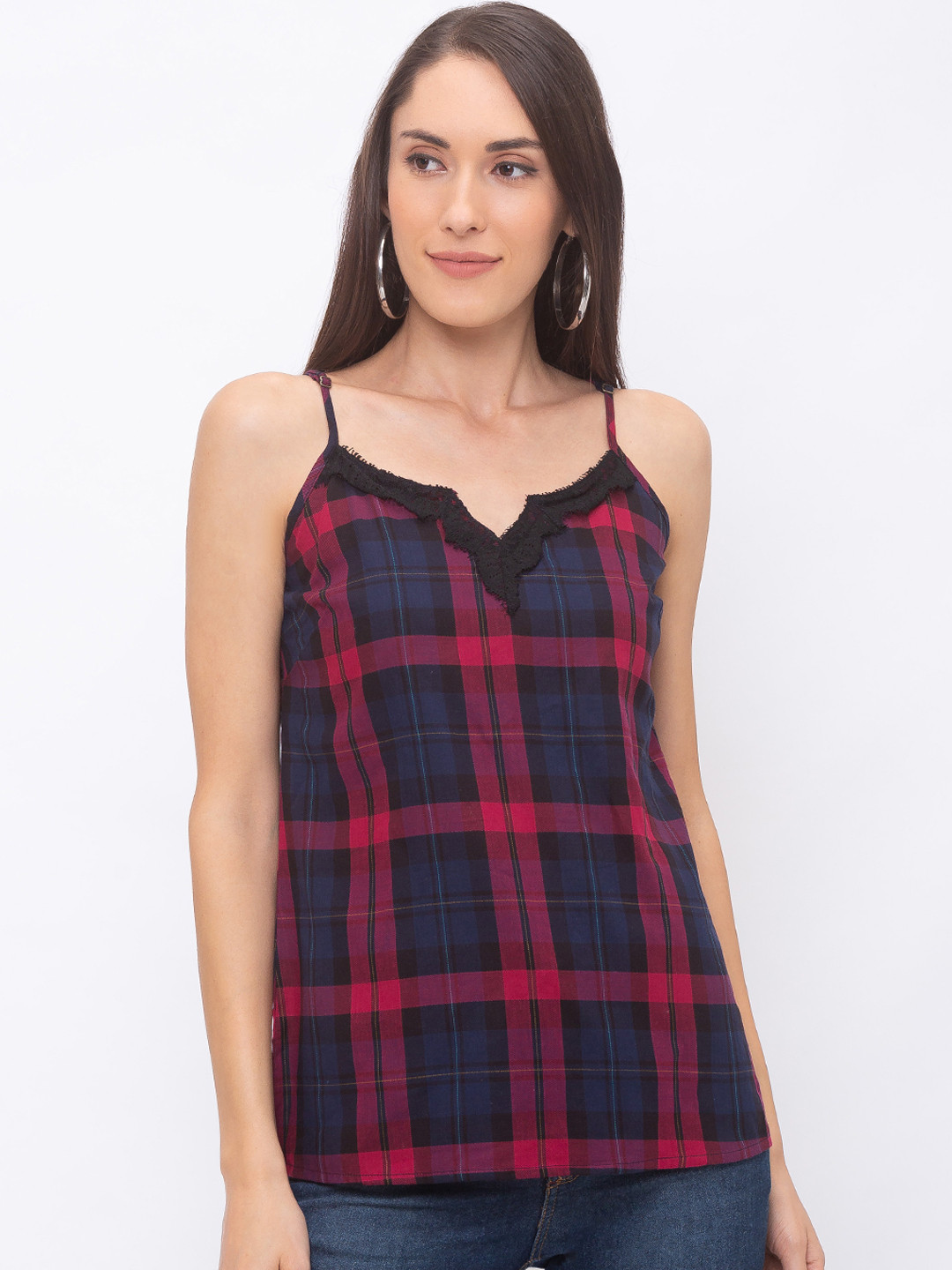 

Globus Women Red & Blue Checked A-Line Pure Cotton Top