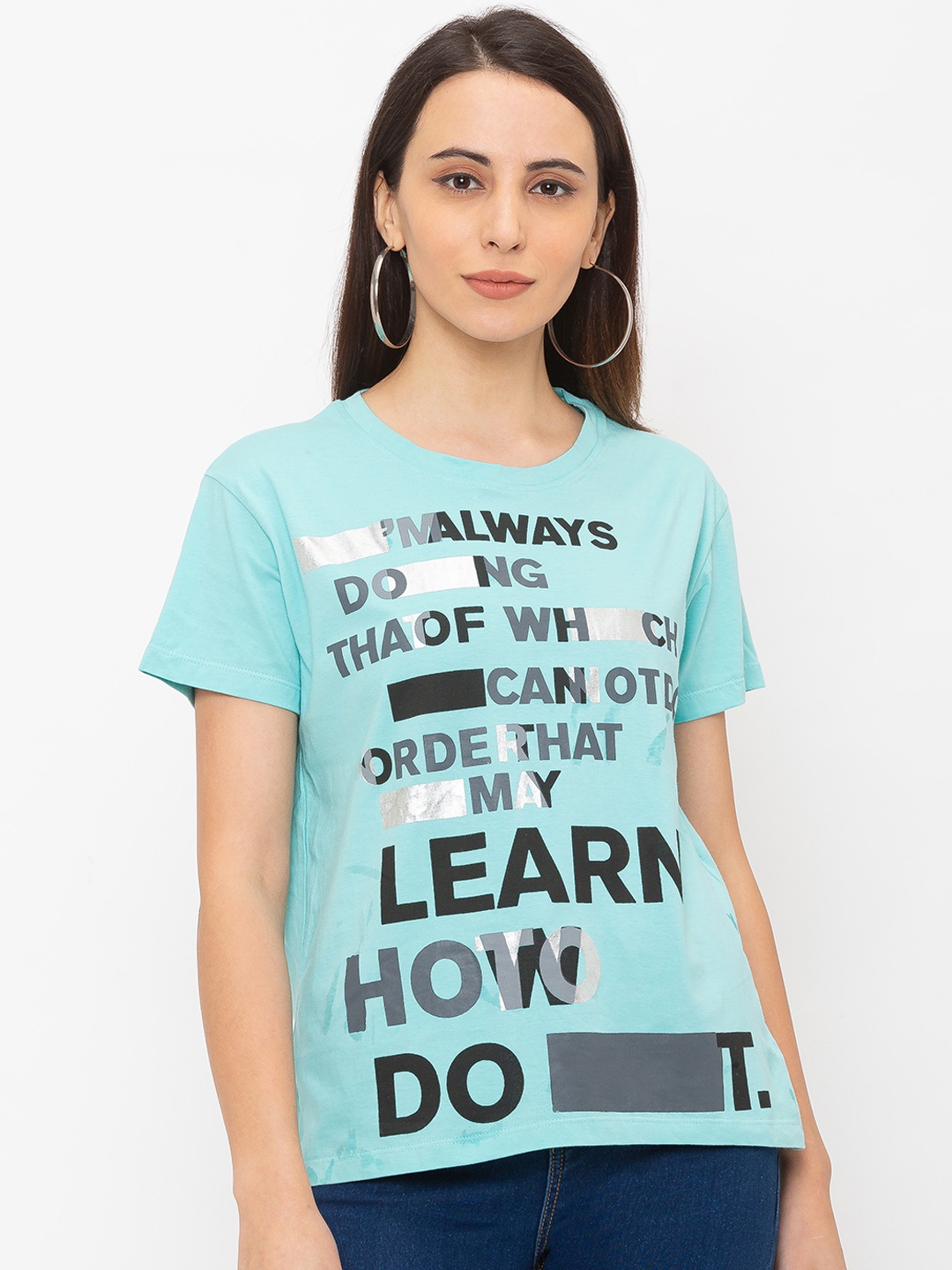 

Globus Women Turquoise Blue Printed Round Neck T-shirt