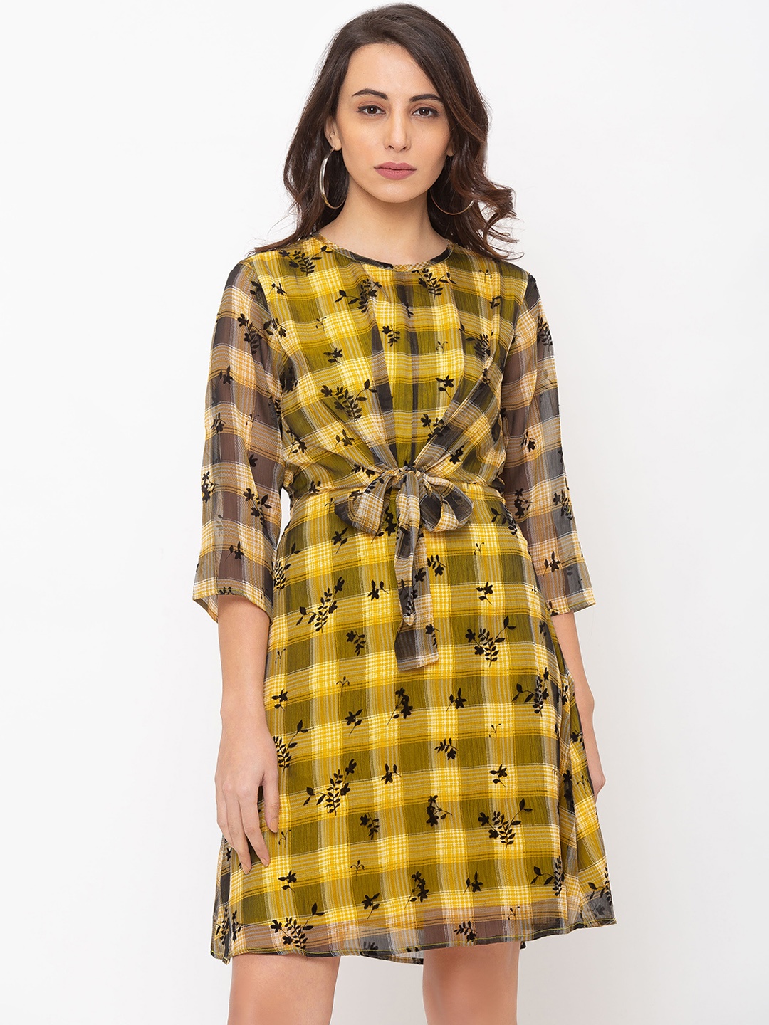 

Globus Women Mustard Yellow & Black Checked Fit and Flare Dress