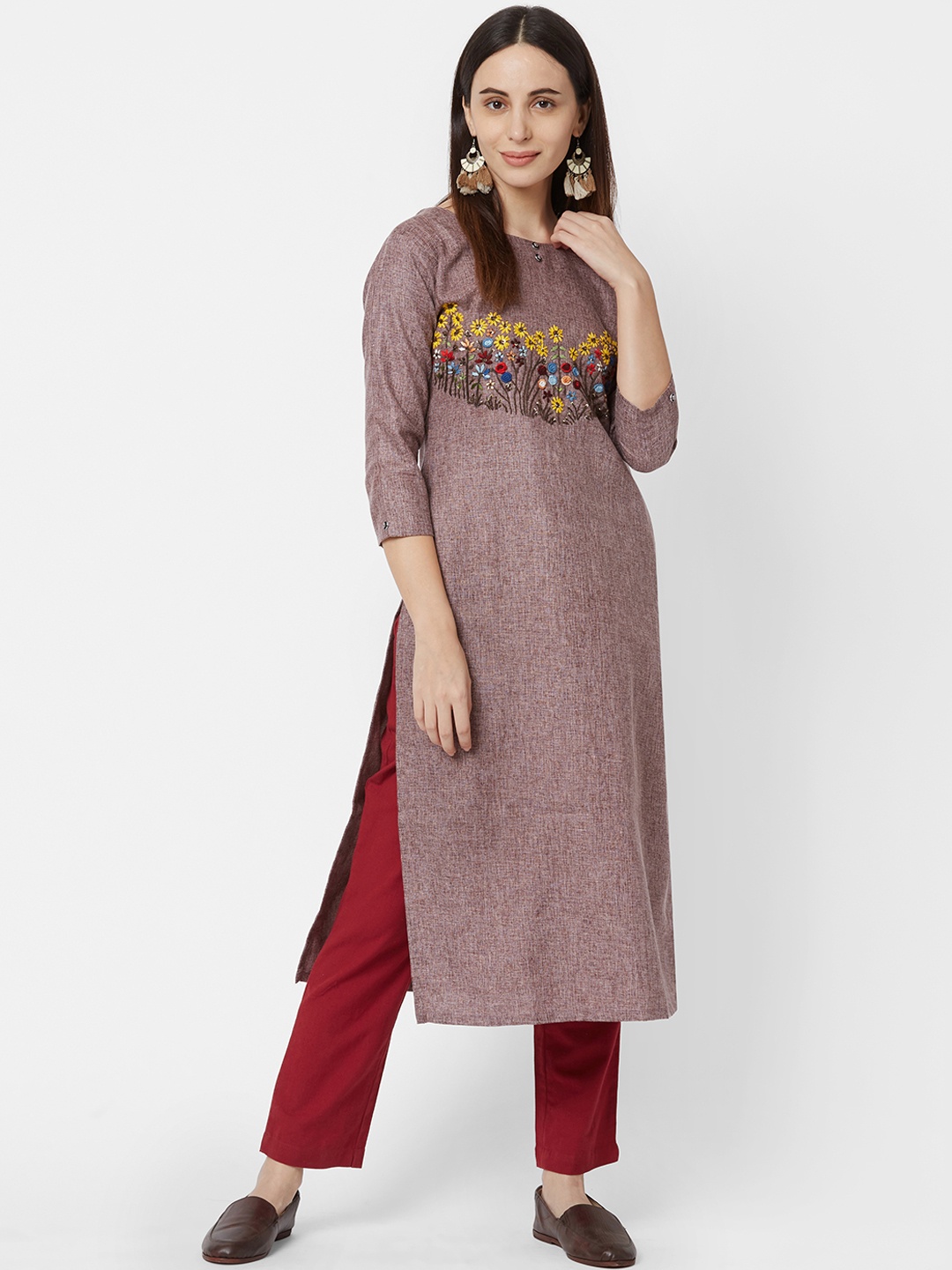 

FASHOR Women Brown Embroidered Straight Kurta