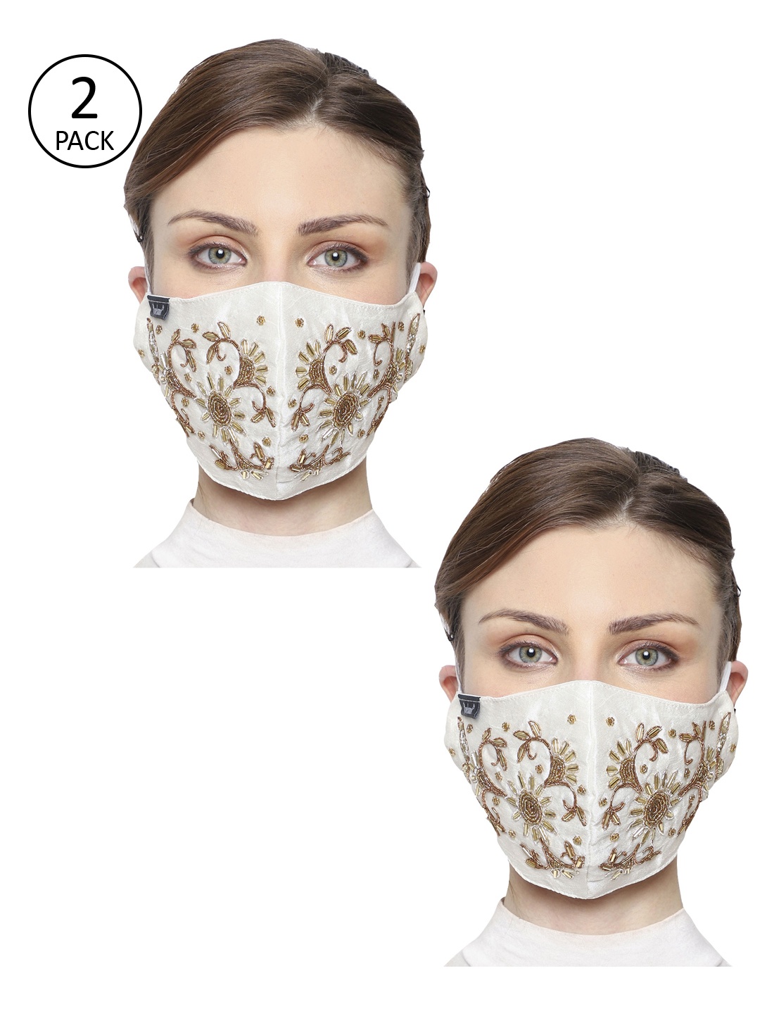 

Anekaant Women Pack of 2 White & Gold-Toned 3-Ply Art Silk Embellished Cloth Masks