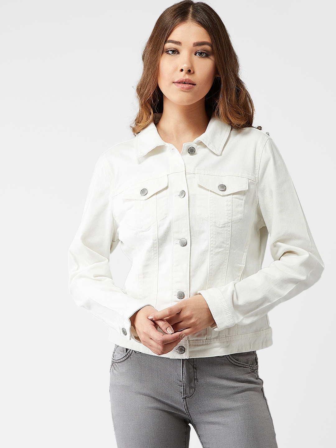 

Kotty Women White Solid Denim Jacket