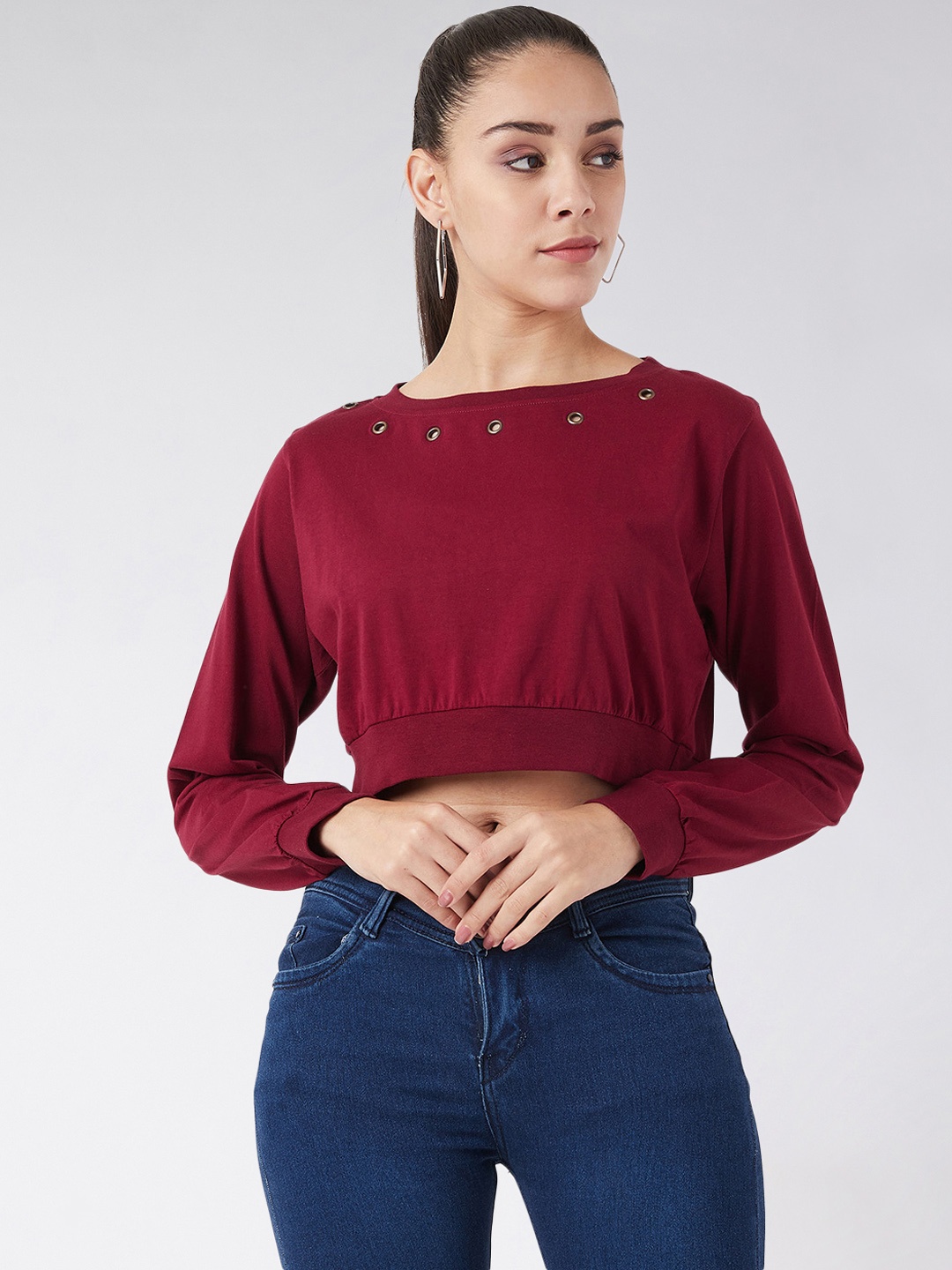 Miss Chase Women Maroon Solid Crop Pure Cotton Top