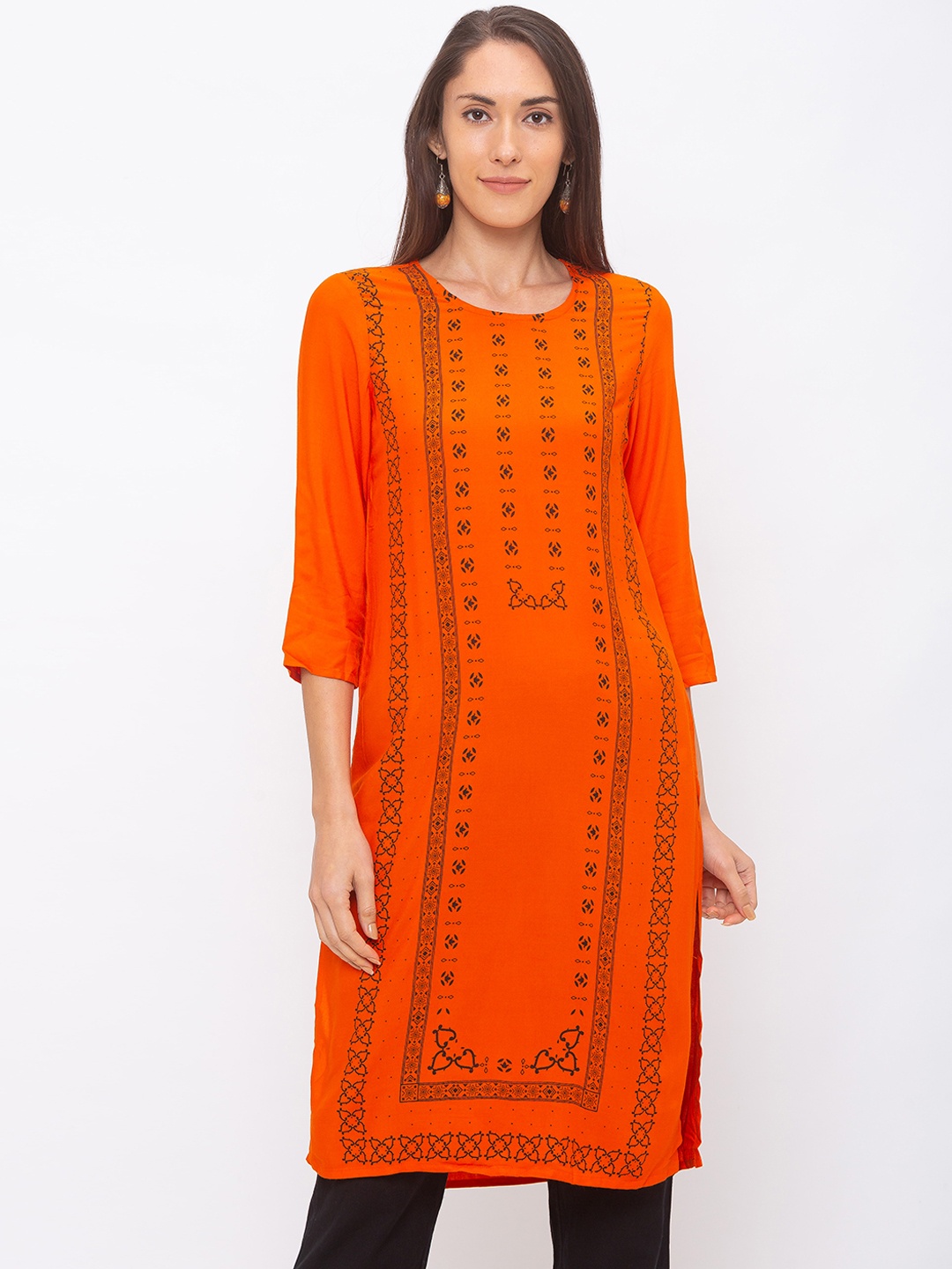 

Globus Women Orange & Black Printed A-Line Kurta