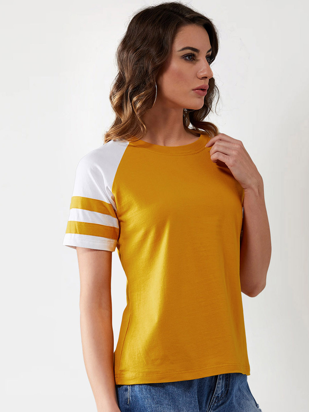 

Miss Chase Women Mustard Yellow White Colourblocked Round Neck Pure Cotton T-shirt