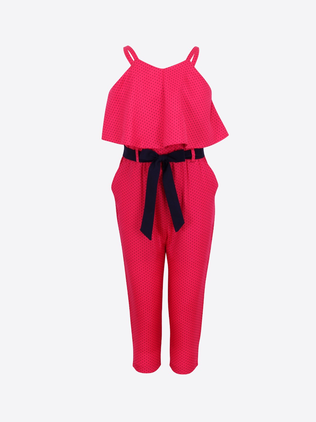 CUTECUMBER Girls Pink & Navy Blue Printed Culotte Jumpsuit