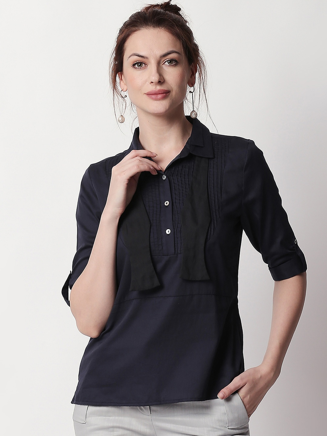 

RAREISM Women Navy Blue Solid Shirt Style Pure Cotton Top