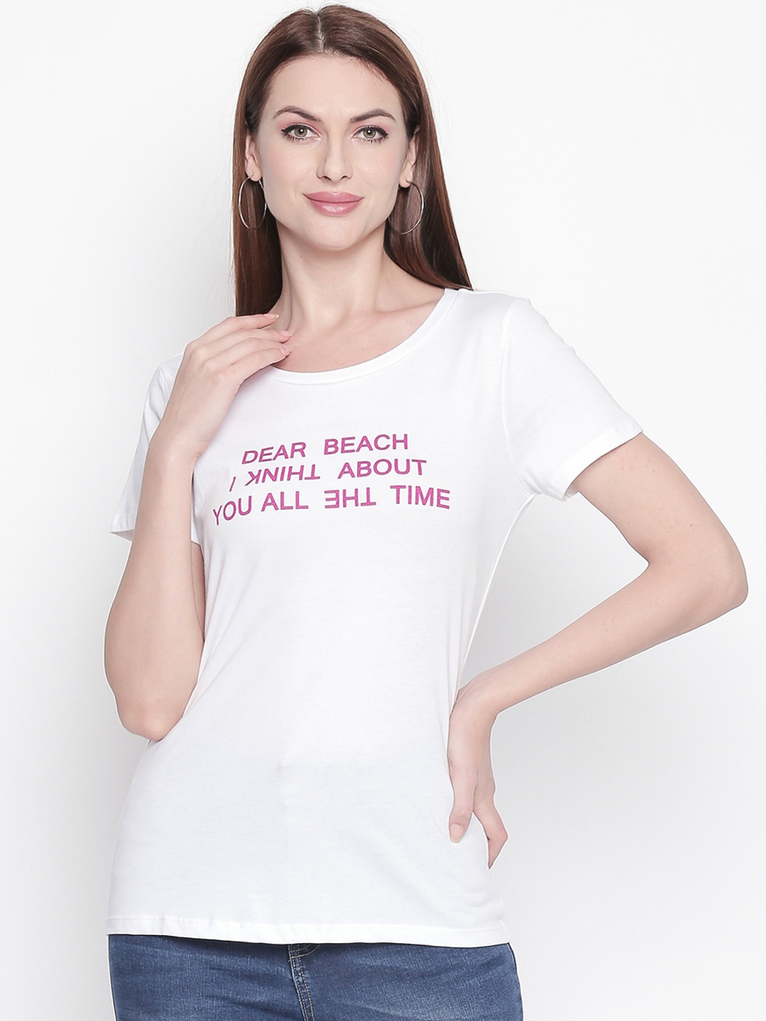 

Honey by Pantaloons Women White & Pink Printed Round Neck T-shirt