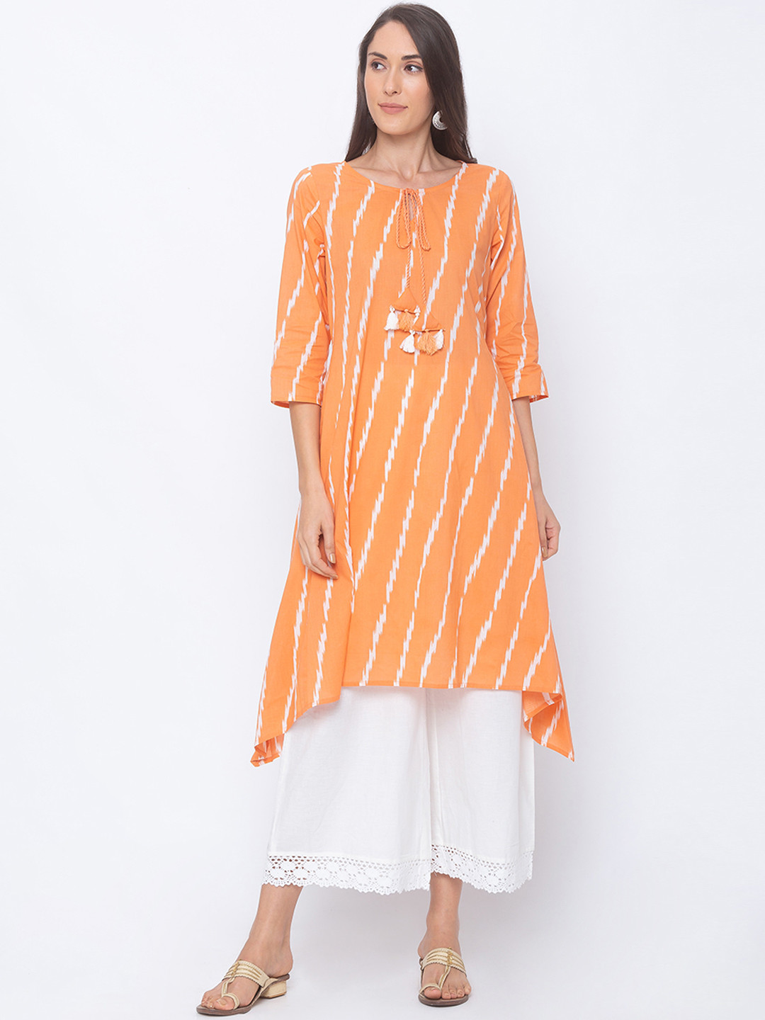 

Globus Women Orange & White Striped A-Line Kurta