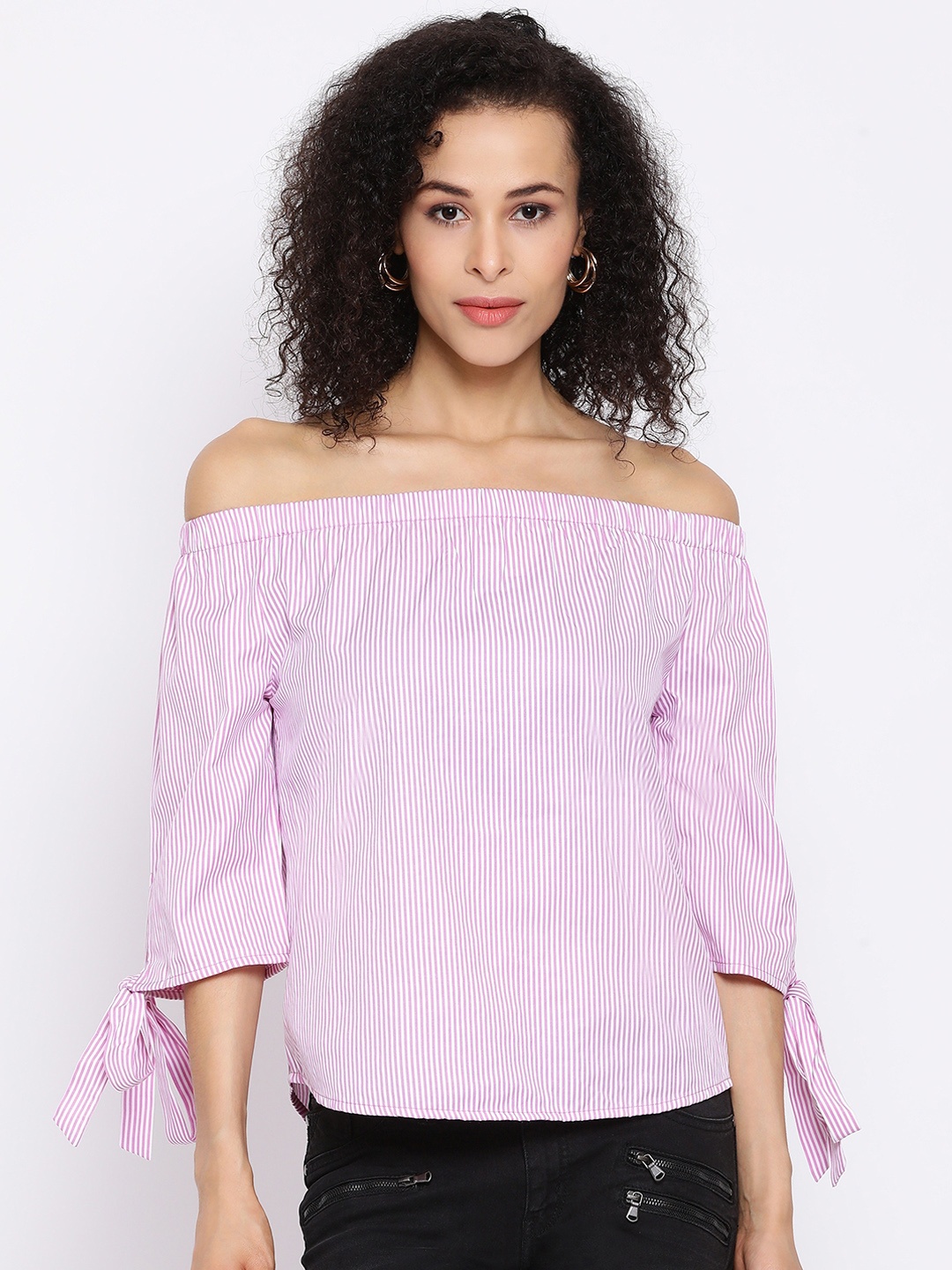 

Oxolloxo Women Pink & White Striped Bardot Top