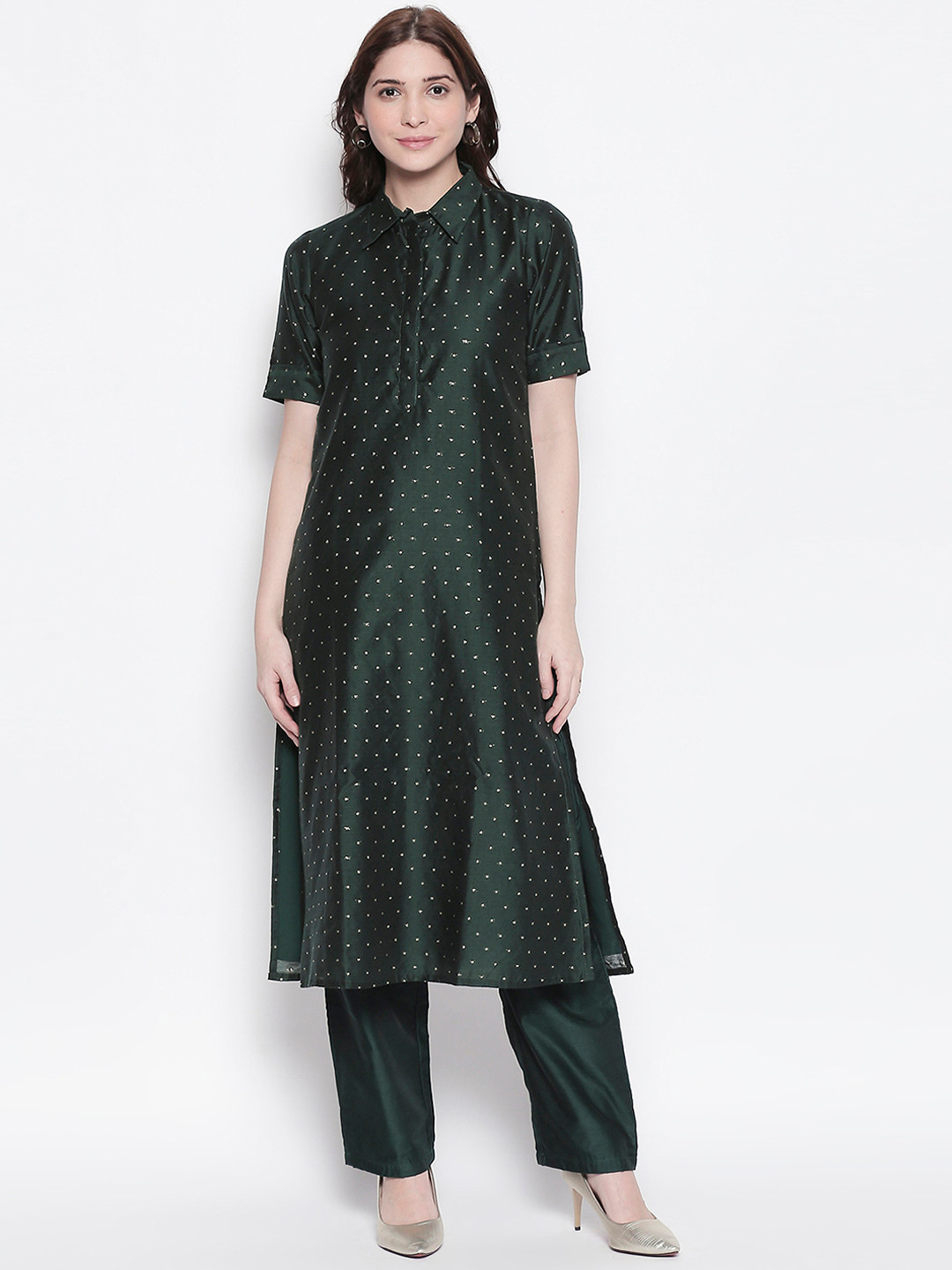 

Desi Weavess Women Olive Green & Gold-Coloured Printed Pakistani Style Kurta