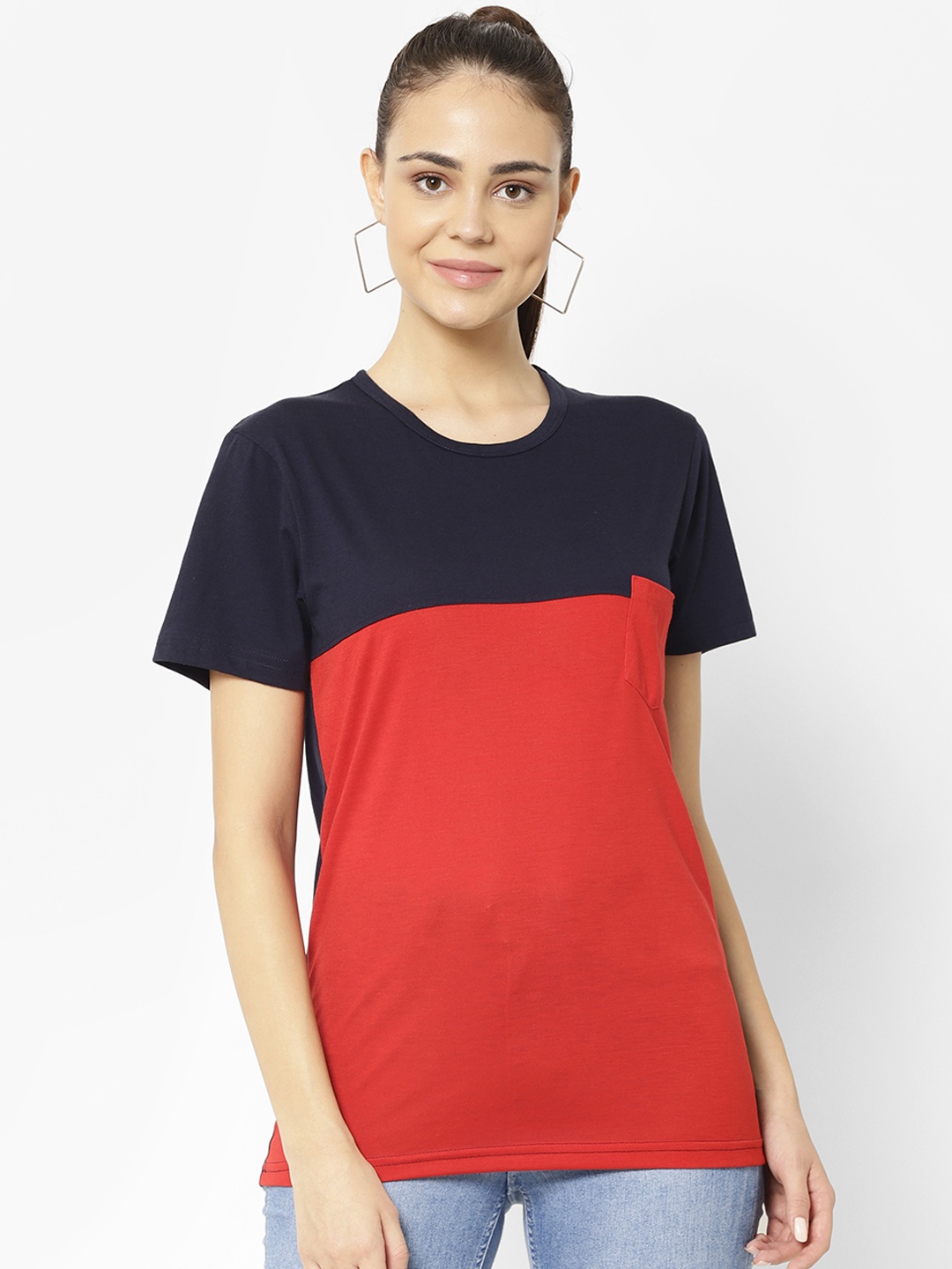 

VIMAL JONNEY Women Coral Orange & Navy Blue Colourblocked Round Neck T-shirt