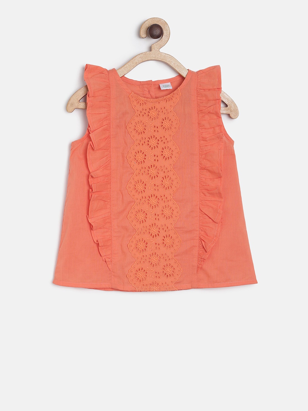 

MINI KLUB Girls Coral Orange Self Design A-Line Pure Cotton Top