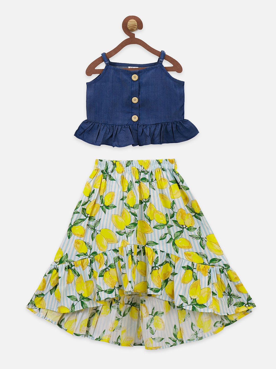 

LilPicks Girls Blue & Yellow Solid Denim Top with Skirt