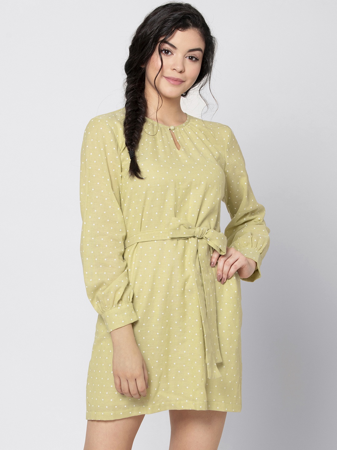 

FabAlley Women Mustard Yellow Printed Fit and Flare Dress