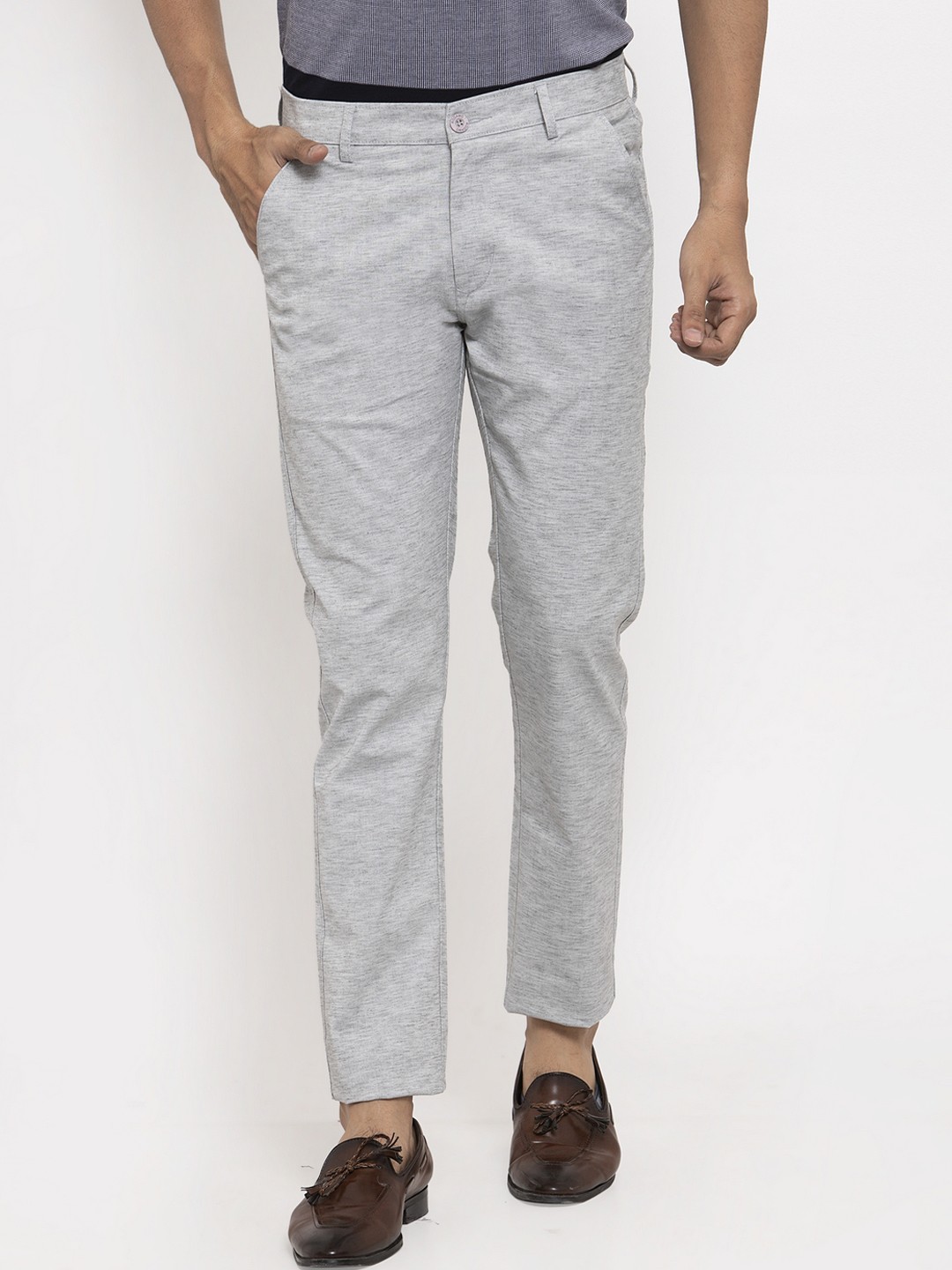 

Rodamo Men Grey Slim Fit Self Design Regular Trousers