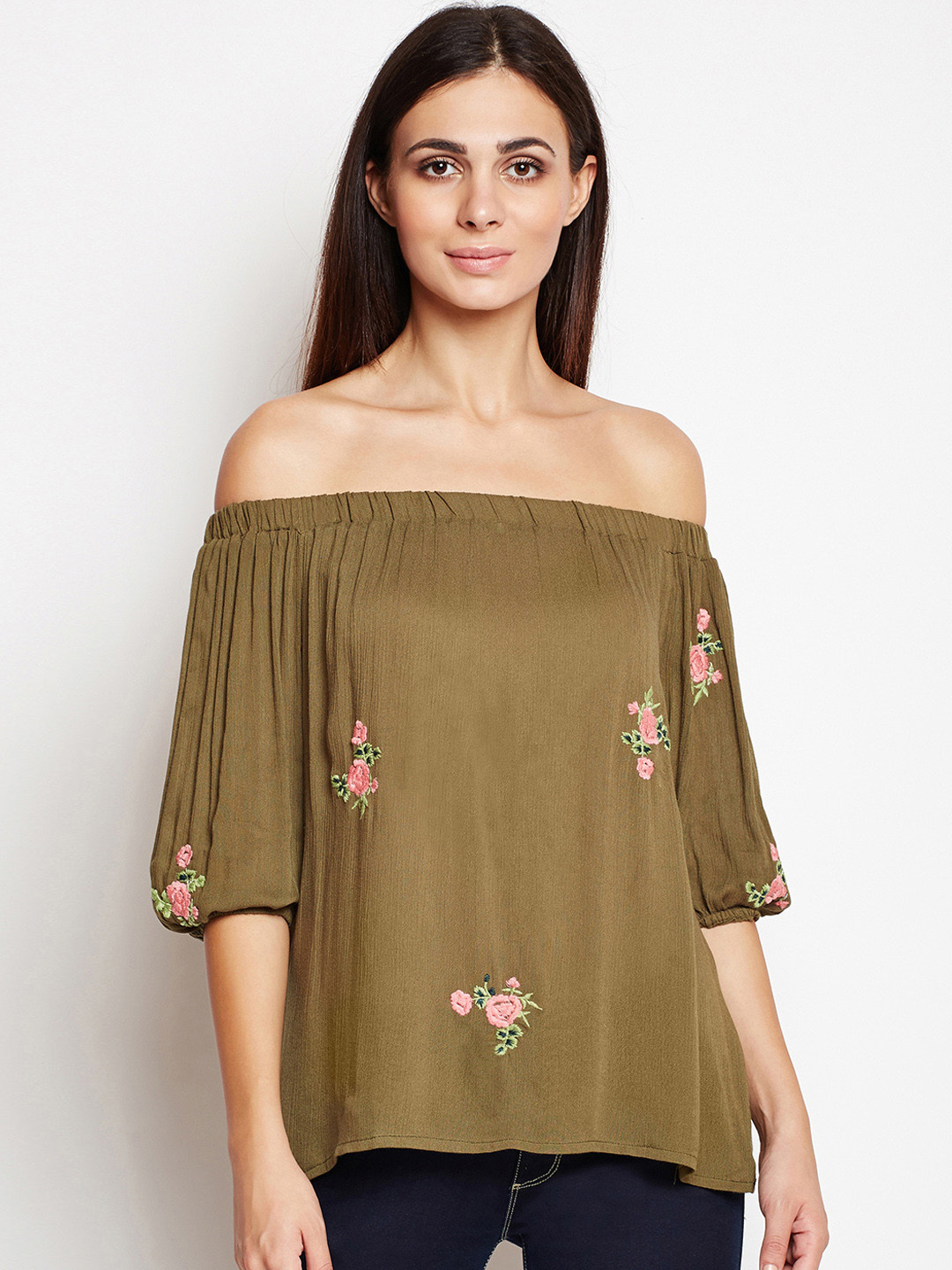 

Oxolloxo Women Olive Brown Floral Print Bardot Top