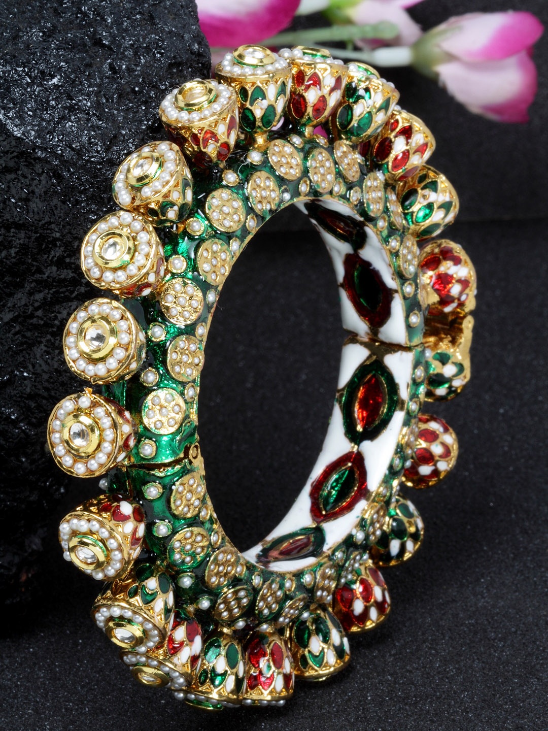 

DUGRISTYLE Gold-Plated Green & Red Kundan-Studded Pearl Meenakari Handcrafted Bangle