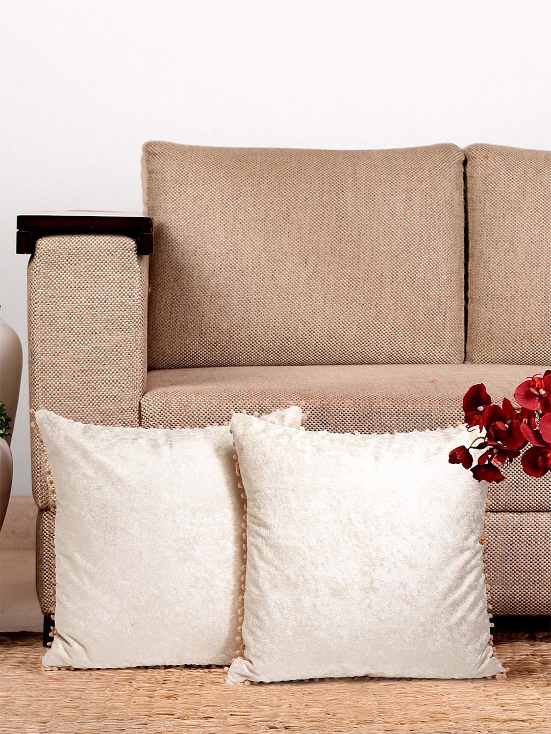 

HOSTA HOMES Cream-Coloured Set of 2 Self Design Square Cushion Covers