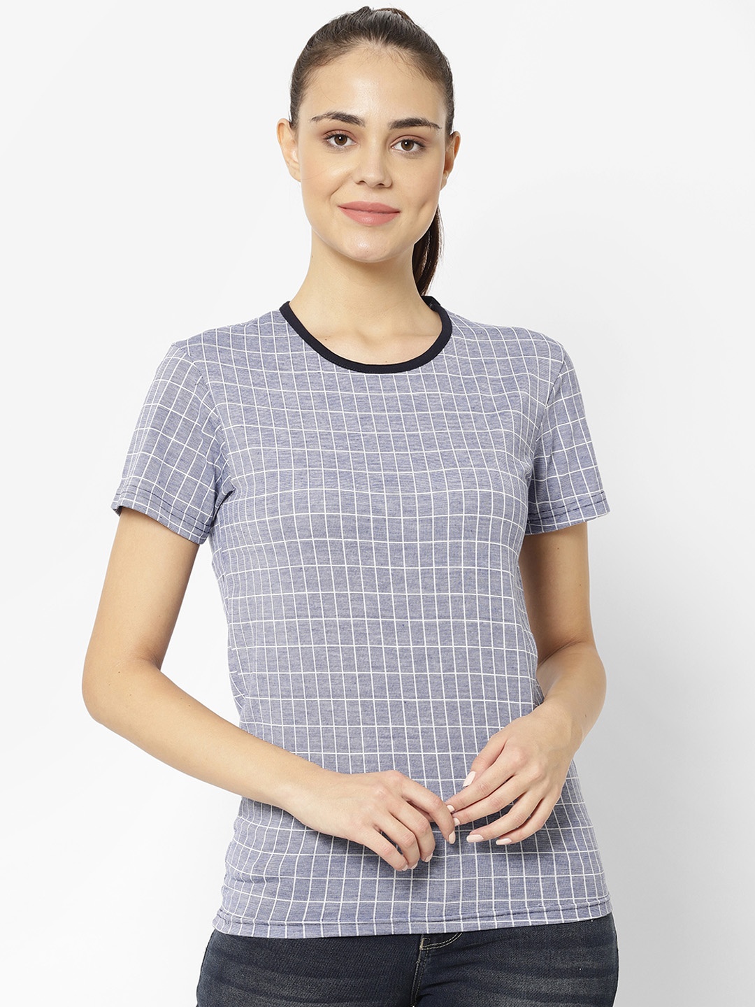 

VIMAL JONNEY Women Blue Checked Round Neck T-shirt