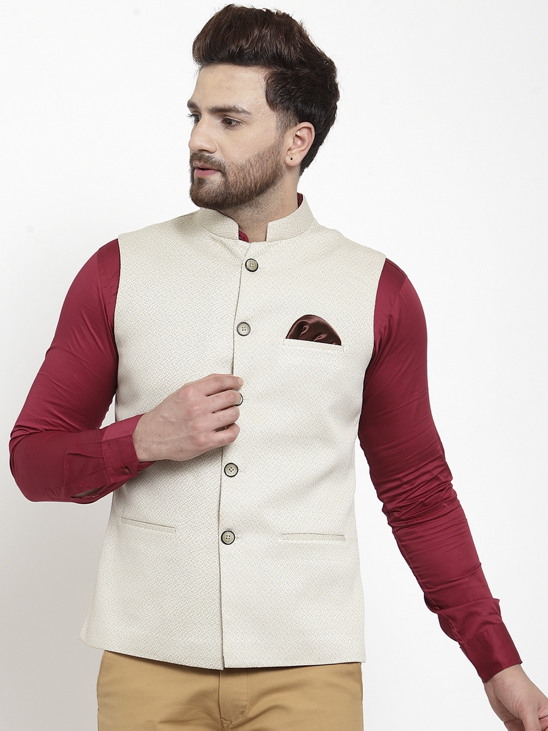 

MAXENCE Men Cream Solid Nehru Jacket