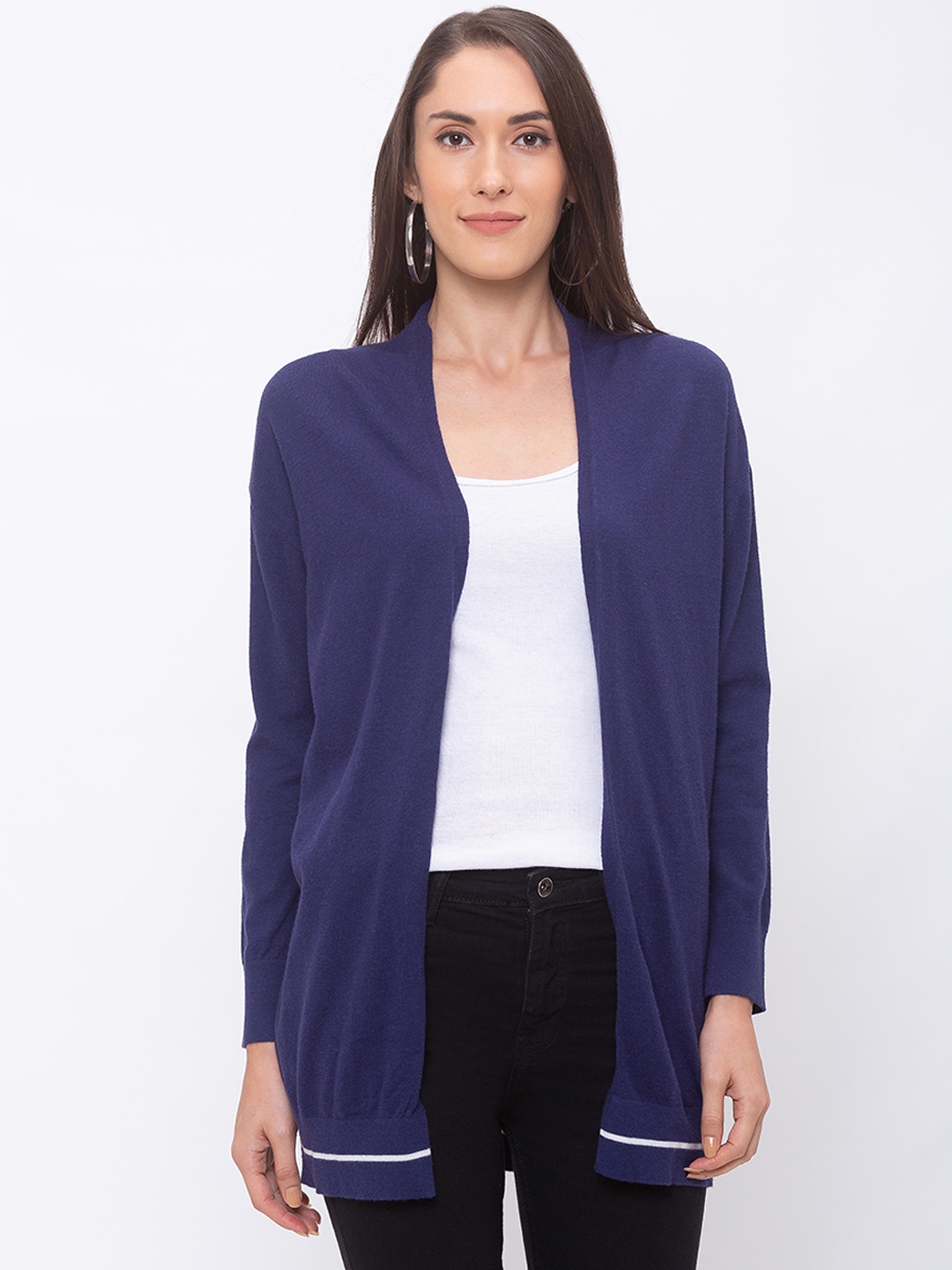 

Globus Women Navy Blue Solid Open Front Cardigan Shrug