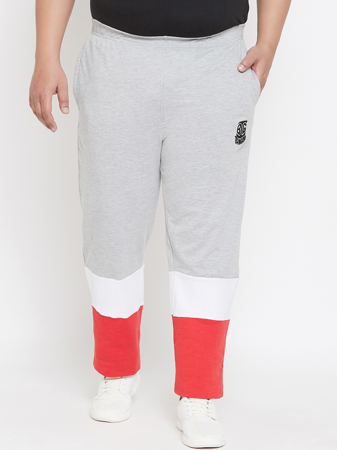 

bigbanana Plus Size Men Grey Red Colourblocked Straight-Fit Track Pants