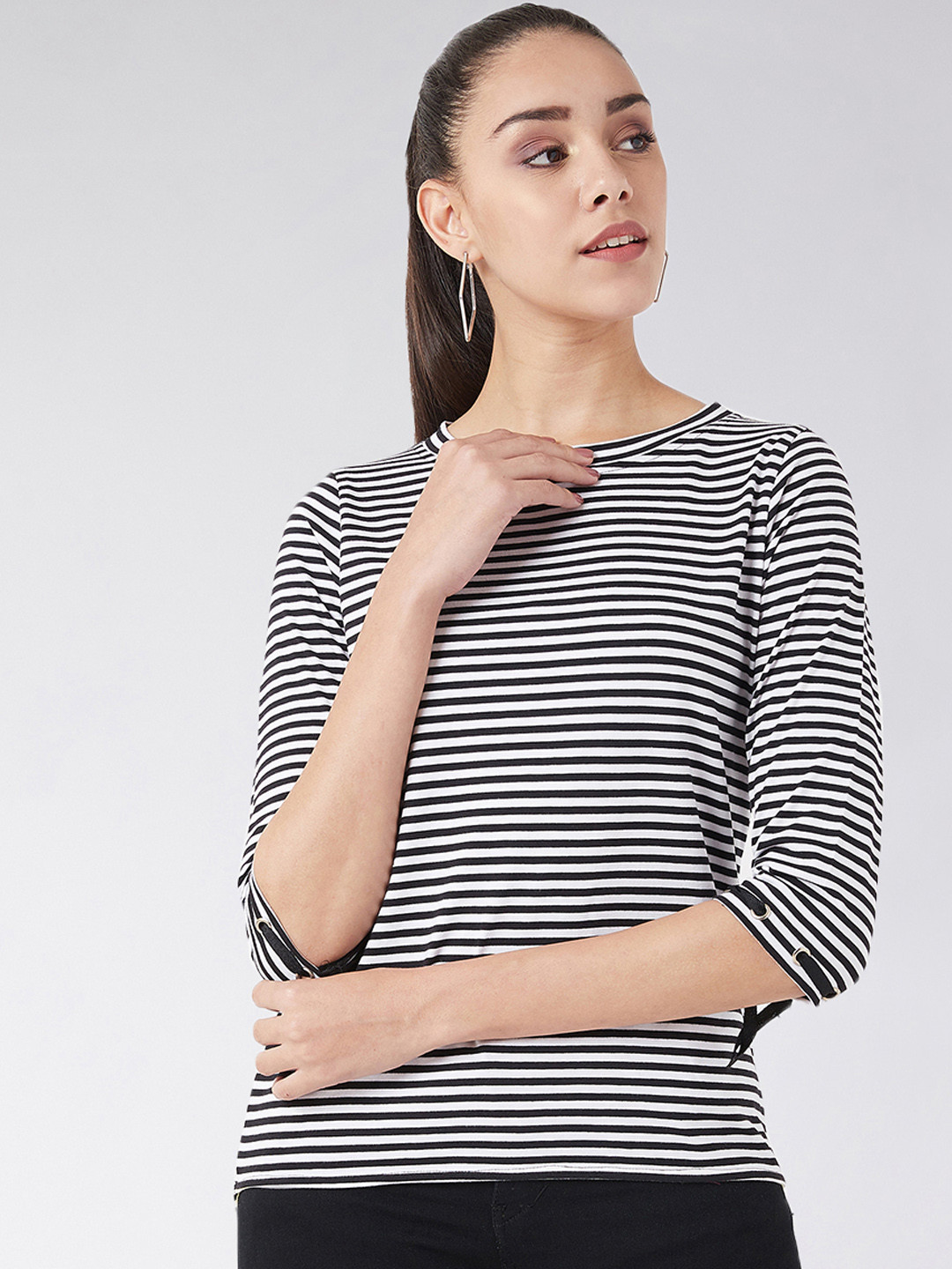 

Miss Chase Women Black & White Striped Pure Cotton Top
