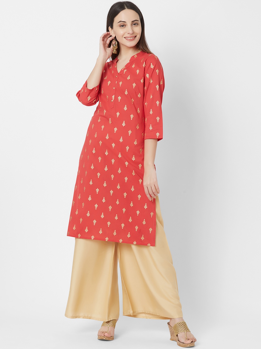 

Vedic Women Red & Gold-Toned Printed A-Line Kurta