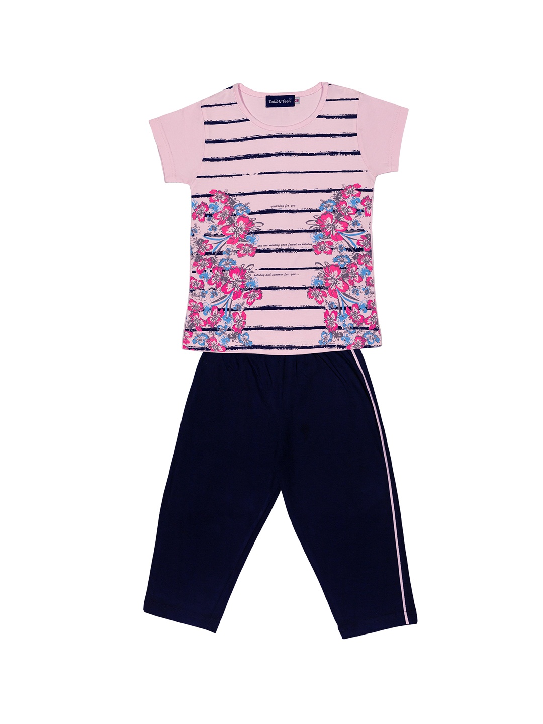 

Todd N Teen Girls Pink & Navy Blue Printed Night suit