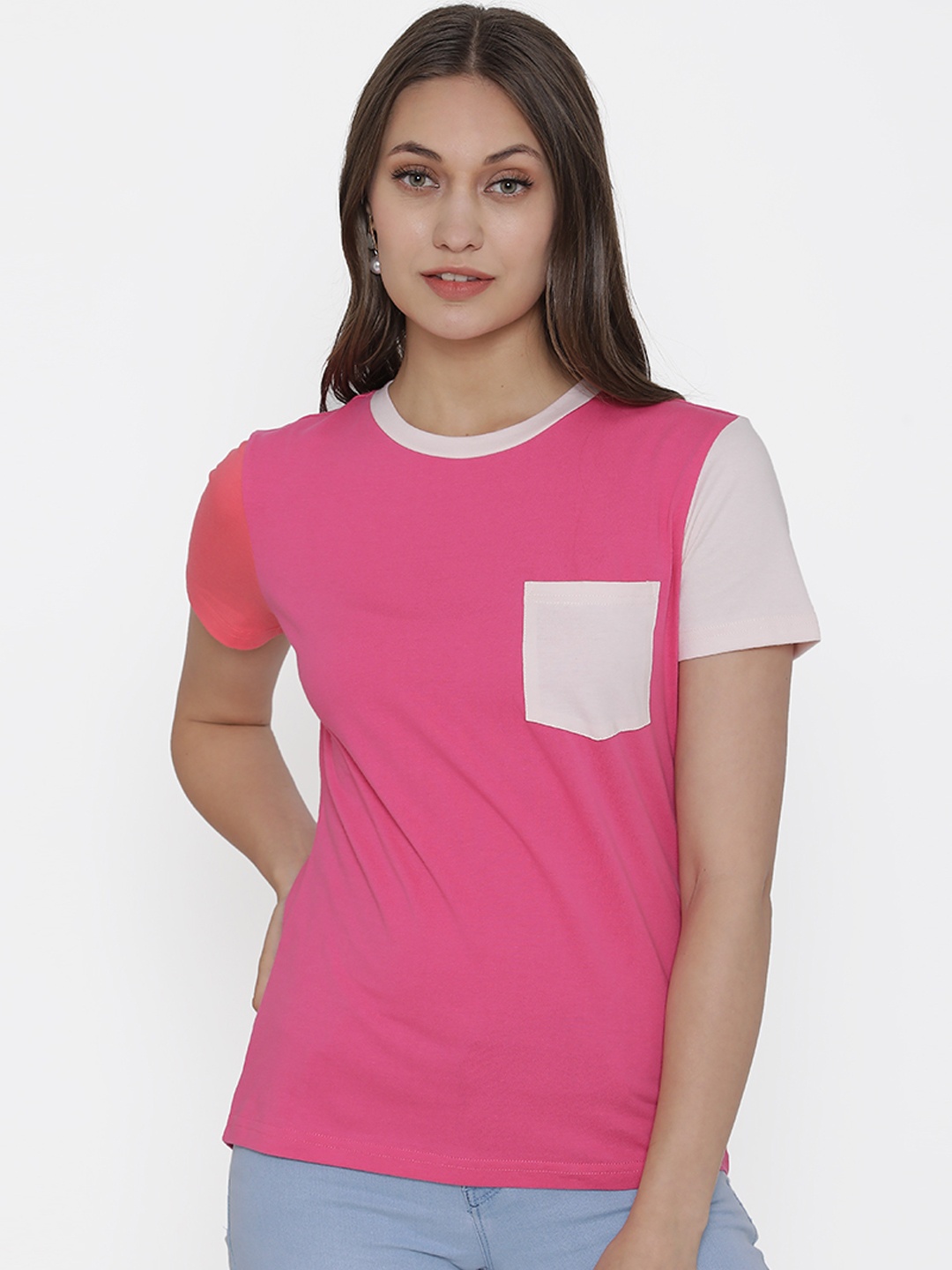 

DOOR74 Women Pink & White Colourblocked Round Neck T-shirt