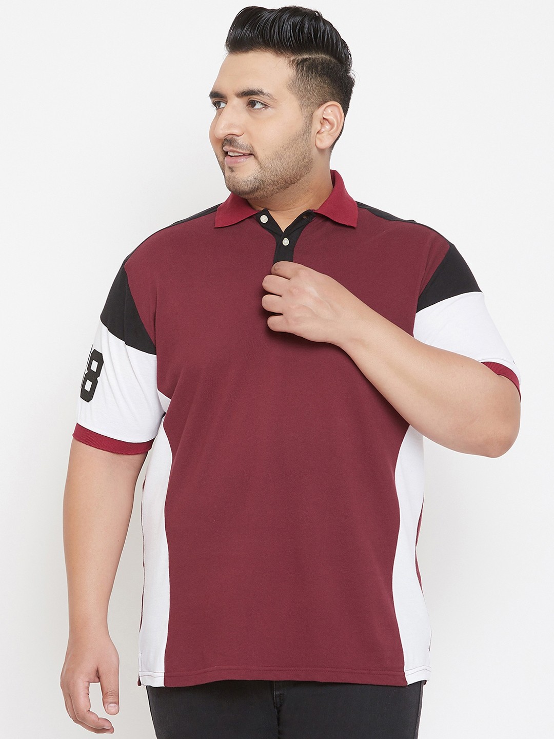 

bigbanana Plus Size Men Maroon White Colourblocked Polo Collar Pure Cotton T-shirt