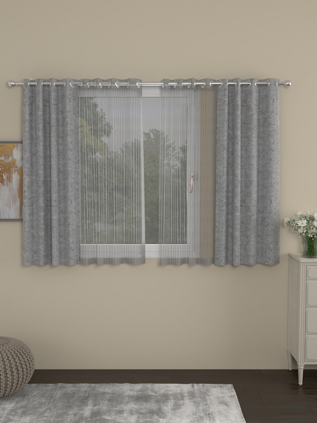 

ROSARA HOME Grey & White Set of 4 Window Curtains