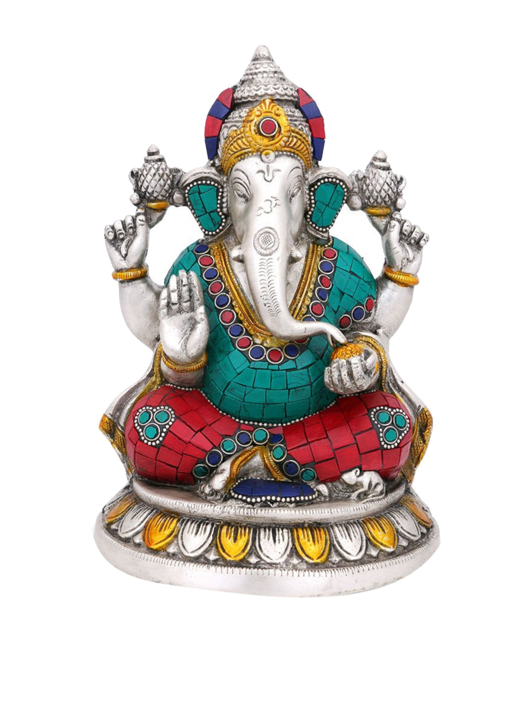 

CraftVatika Silver-Toned & Turquoise Blue Handcrafted Sitting On Lotus Ganesha Brass Idol