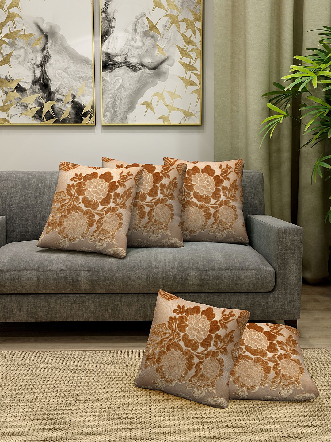 

HOSTA HOMES Pack of 5 Floral Embossed Velvet Cushion Covers, Gold